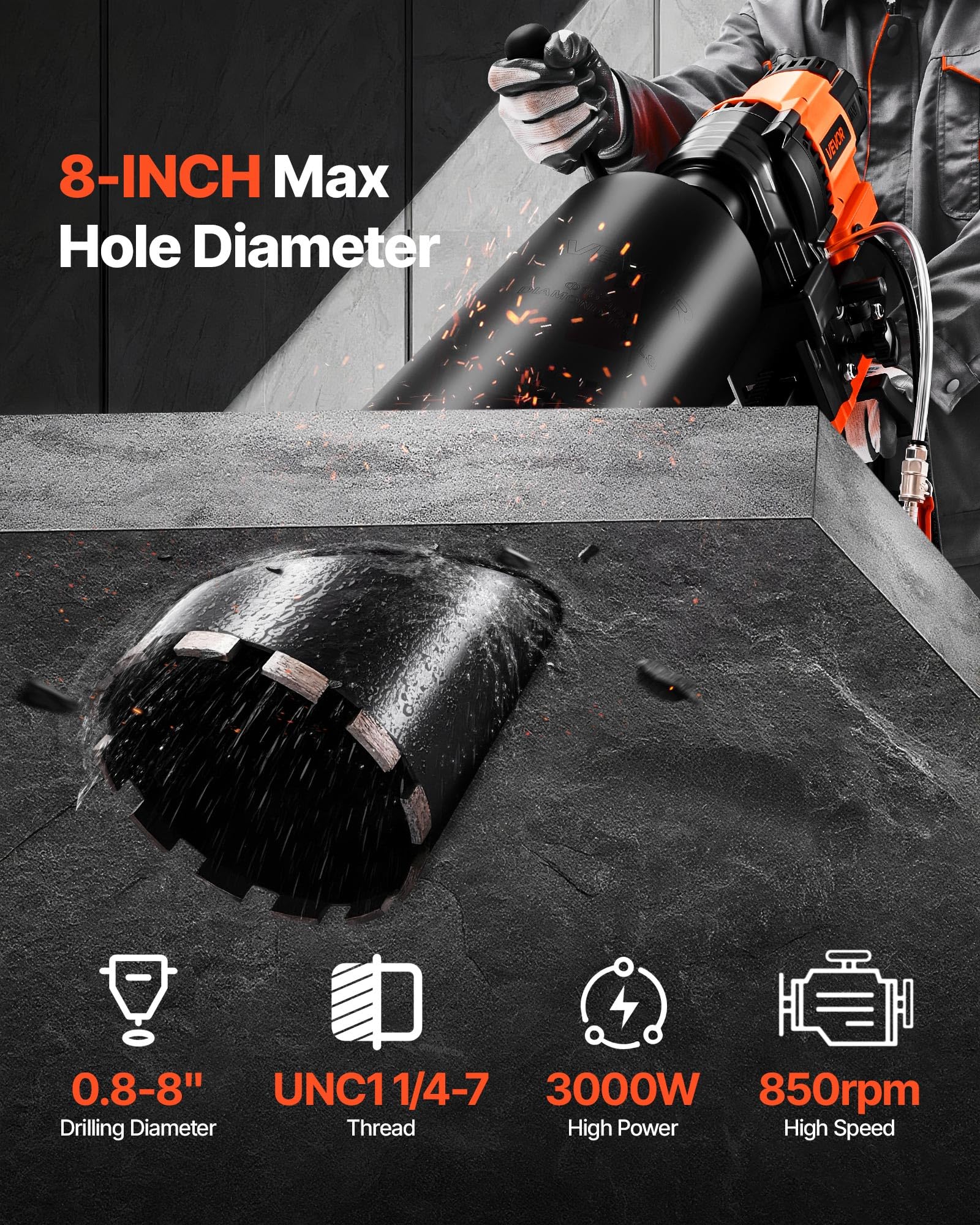 VEVOR Perforadora de Diamante, Plataforma de Perforación de Núcleo de Velocidad de 850 RPM en Seco y Húmedo con 8 Brocas, Diámetro de Perforación de 20-200 mm para Hormigón, Ladrillo, Piedra