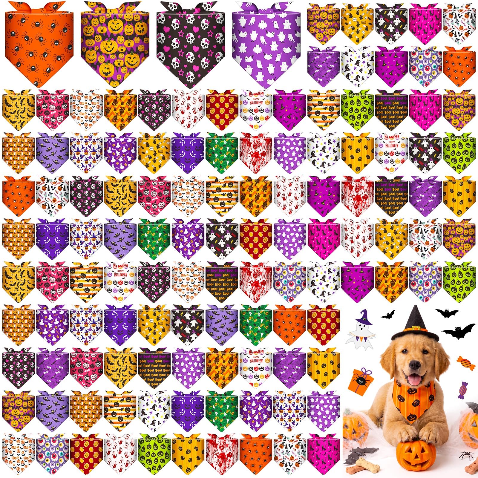 Sanwuta 120 bandane triangolari per cani di Halloween, lavabili, bavaglini regolabili per animali domestici di piccola e media taglia, 30 stili