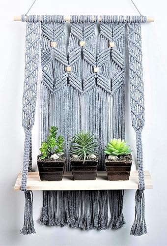 Estante colgante de pared de macramé, decoración ideal, estantería de almacenamiento de plantas, estantes decorativos bohemios, estantería flotante