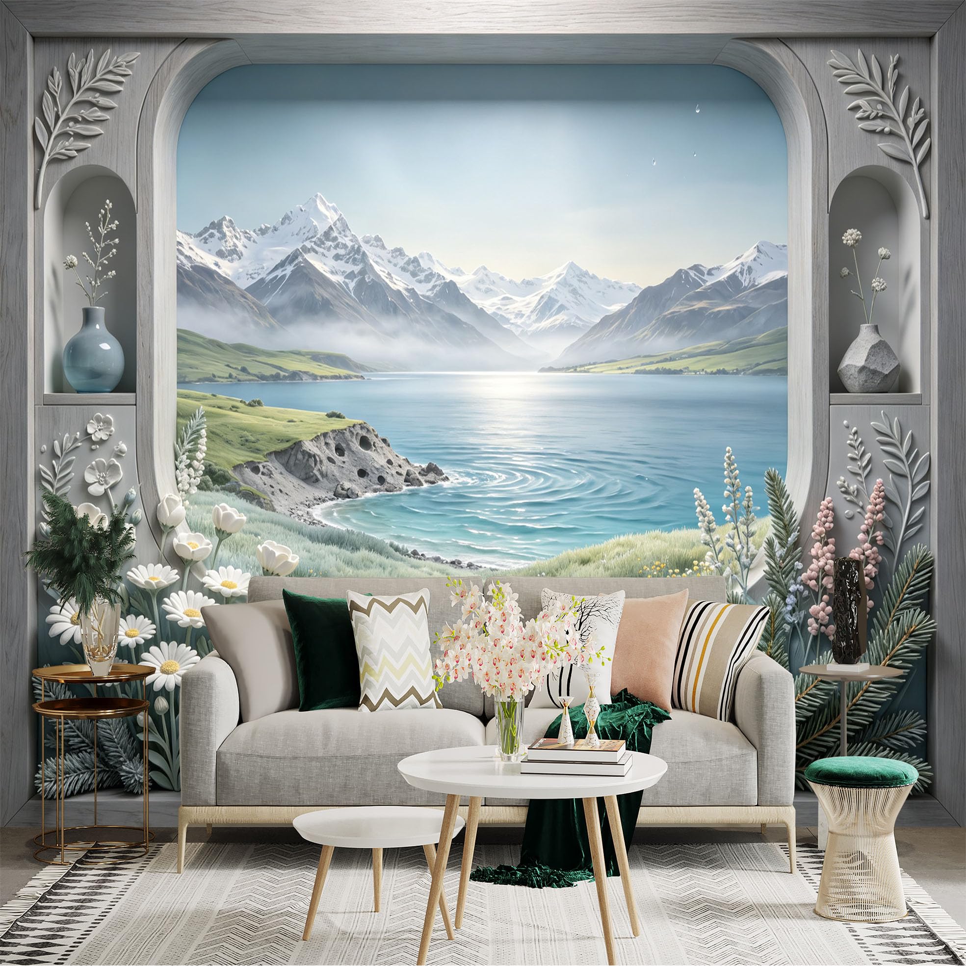 Lnzczhyre Bh260719011 Custom Size Wall Sticker Mural， Scenic Window View， Snowy Mountains And Serene Lake， Wildflowers In Bloom， For Wall Decoration， Peelandstick Wall Decals.