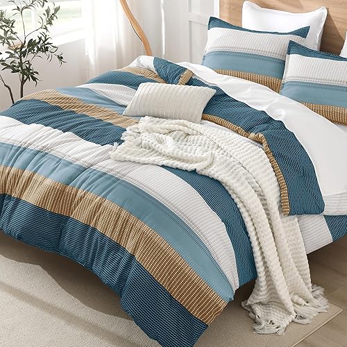 Miniatura 36 de Litanika Juego de edredón tamaño Queen, color gris claro, 3 piezas, ligero, gris y blanco, a rayas, esponjoso, juego de cama para todas