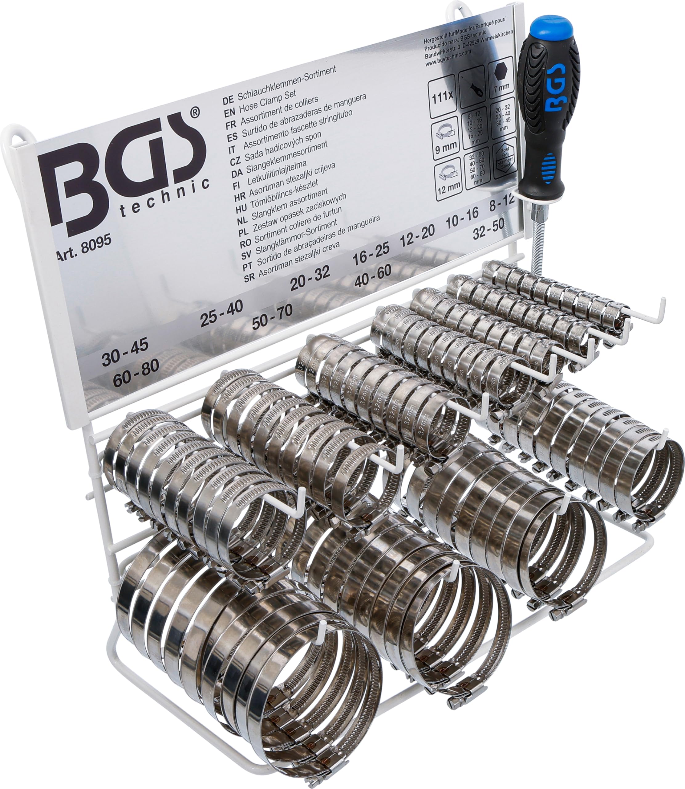 Bgs Colour 8095 | Hose Clamp Set | Stainless | On Display Board | 111 Pcs.