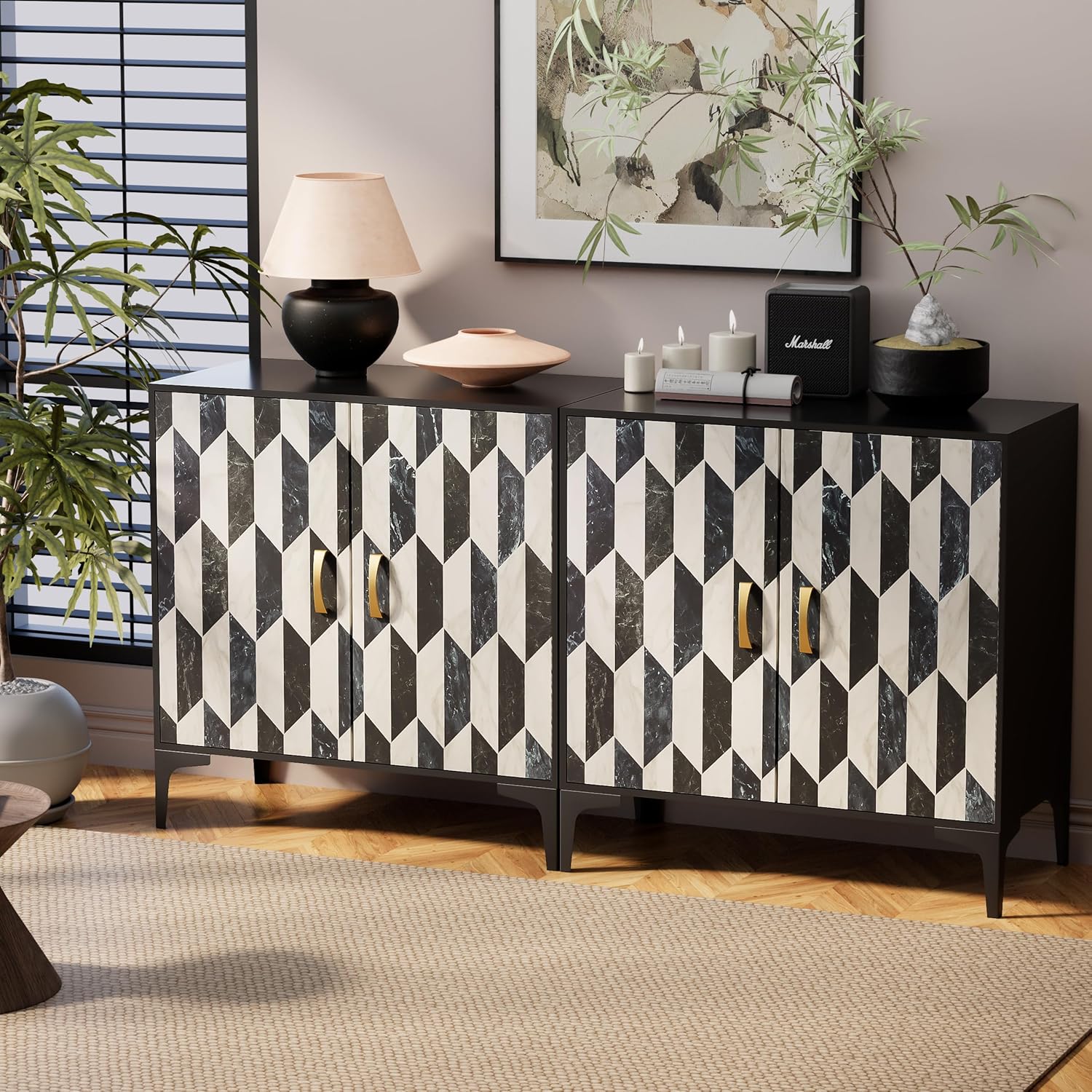 Anbuy Faux Marble Doors Sideboard Buffet Cabinbet with Storage Dining Room Buffet Cupboard Console Table Hallway, Liquor/Accent Cabinet, 30.7 X 15.75X 31.5 Inches(Black)