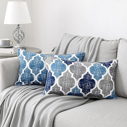 Beauoop Juego de 2 fundas de almohada rectangulares decorativas de terciopelo con estampado geométrico marroquí de 2 caras, color azul y gris, para