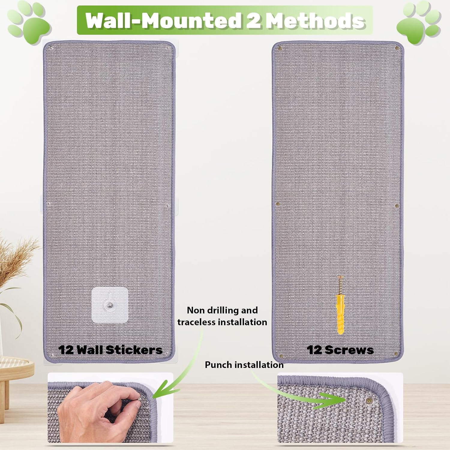 Natural Sisal Cat Scratcher Mat, Wall Scratcher Carpet, Cat Climbing Wall, Large Tall Scratching Post, Sofa Protector, Scratching Mat Pad for Indoor Cats (Gray, 39.3" Lx15.7 W, 2PCS)