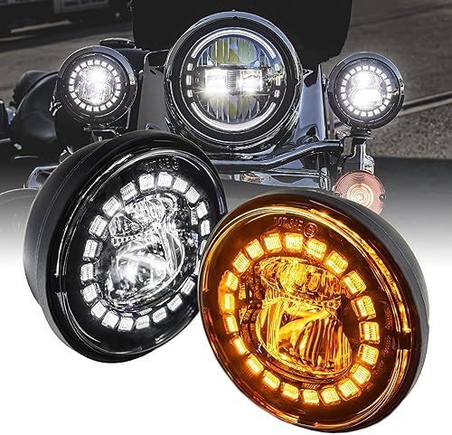 TRUE MODS - 2 luces antiniebla LED negras de 4.5 pulgadas para motocicletas Harley Davidson señales de giro DRL y ámbar BLANCO lente dual ojo de pez