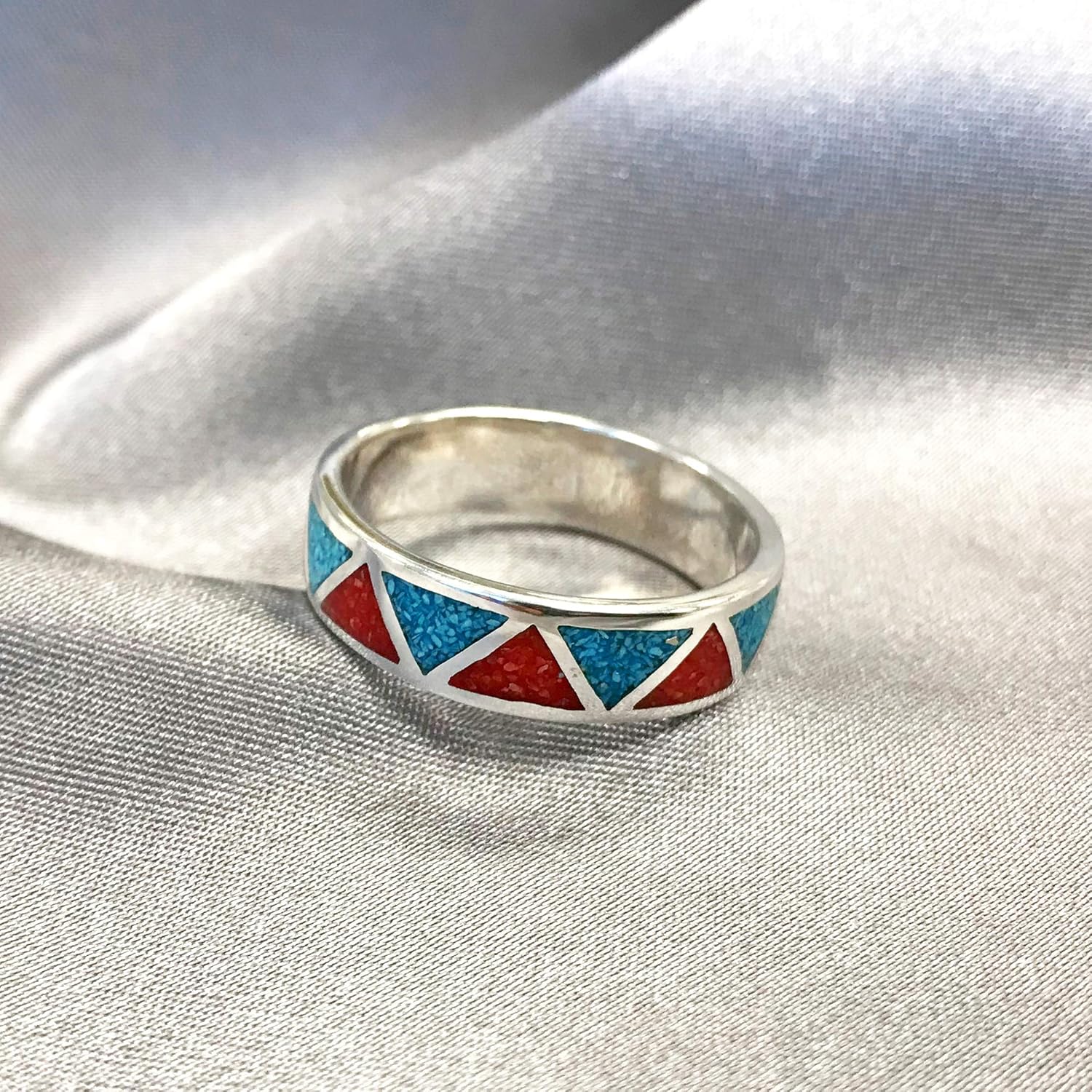 Southwestern Style Turquoise and Coral Gemstone 6mm Wedding Band Sterling Silver Unisex Ring 12