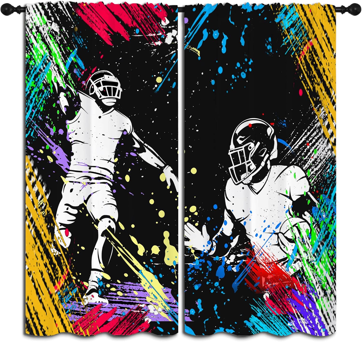 Football Player Rod Pocket Blackout Curtains for Boy Girl Bedroom, Sports Abstract Art Watercolor Splashing Style Light Filtering Window Drapes for Living Room Home Decor Privacy, 42x63 inch