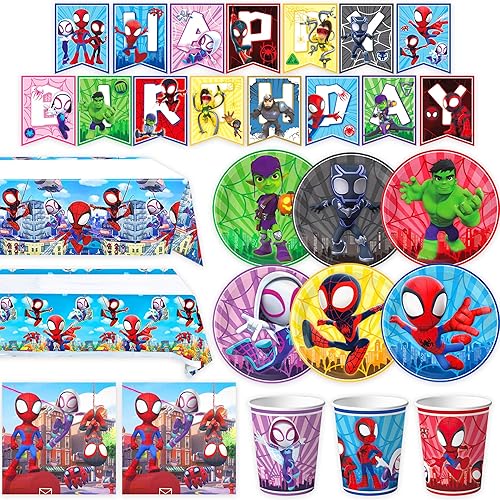 Birthday Party Supplies,68 pcs Party Decorations include 6 Different Style Paper Plates,2 Large Tablecloth,Happy Birthday Banner,Napkins and Cups for Boys Girls Decor, Serve 15+ Guest