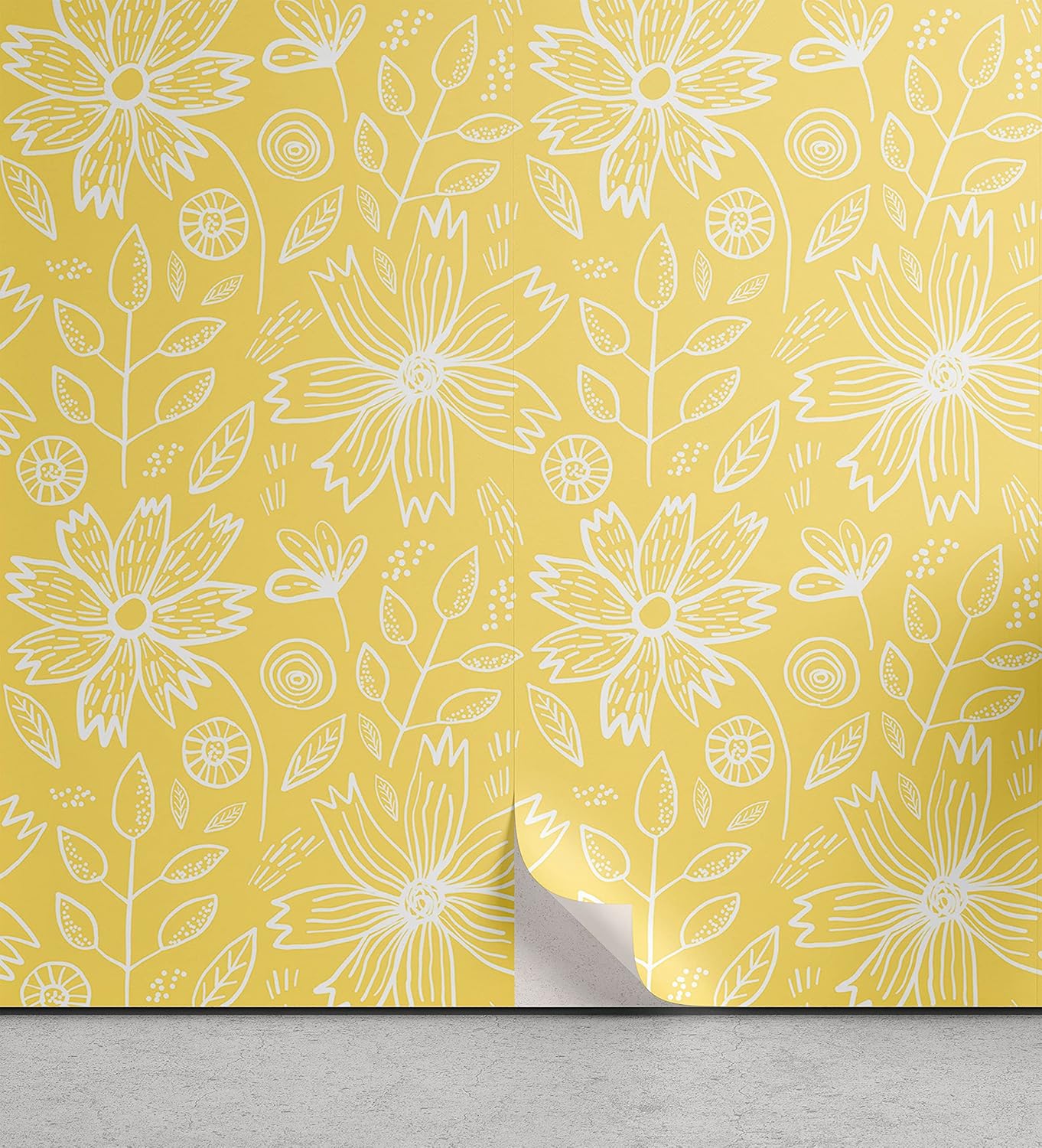 Ambesonne Summer Peel & Stick Wallpaper for Home, Floral Outline Pattern of Romantic and Blooming Flowers and Leaves Branches, Self-Adhesive Living Room Kitchen Accent, 13" x 72", Pastel Yellow White
