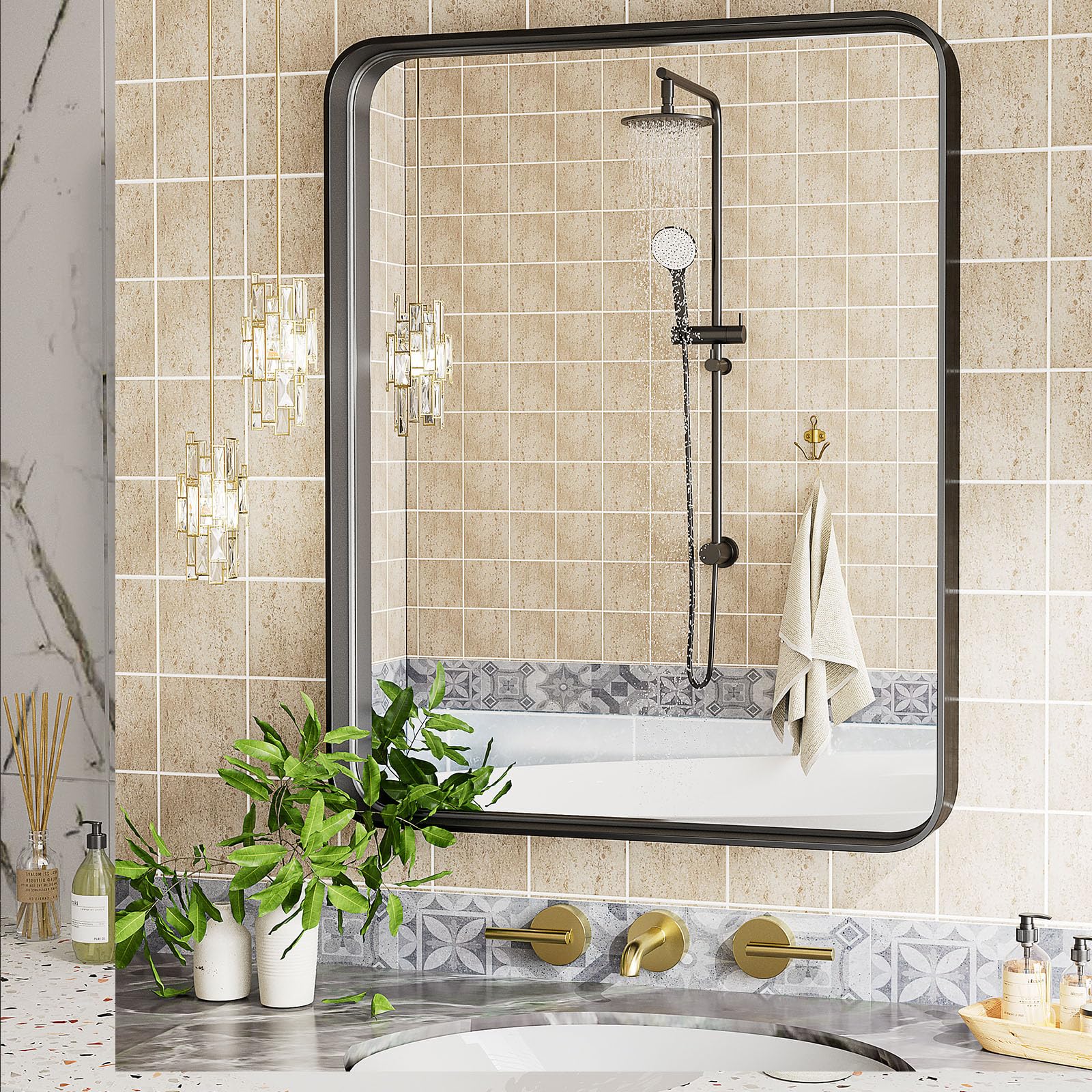 Bathroom Mirror, Black Metal Framed Vanity Bathroom Mirrors for Over Sink Wall, 36x24 Inch Rounded Mirror, Anti-Rust, Tempered Glass for Restroom, Farmhouse, Horizontally or Vertically Hanging