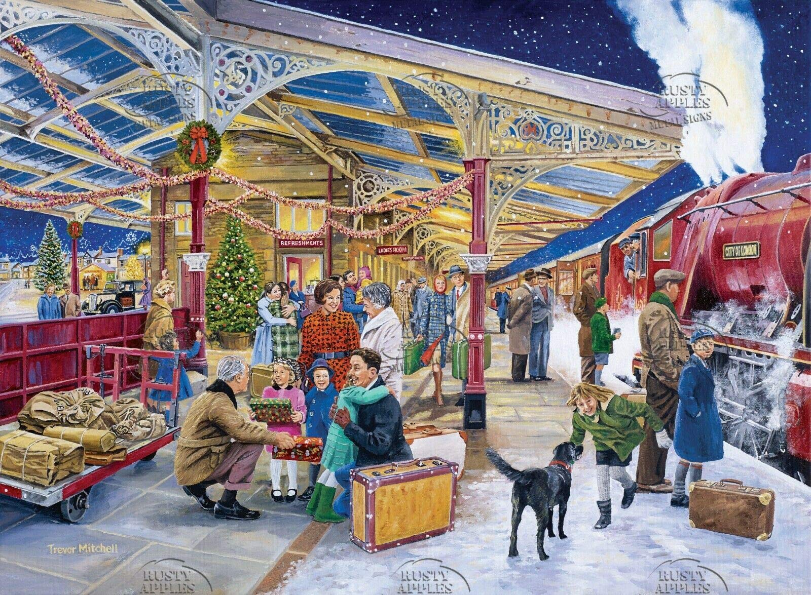 Coming Home For Christmas Vintage Railway Station Platform Scene Metal Sign