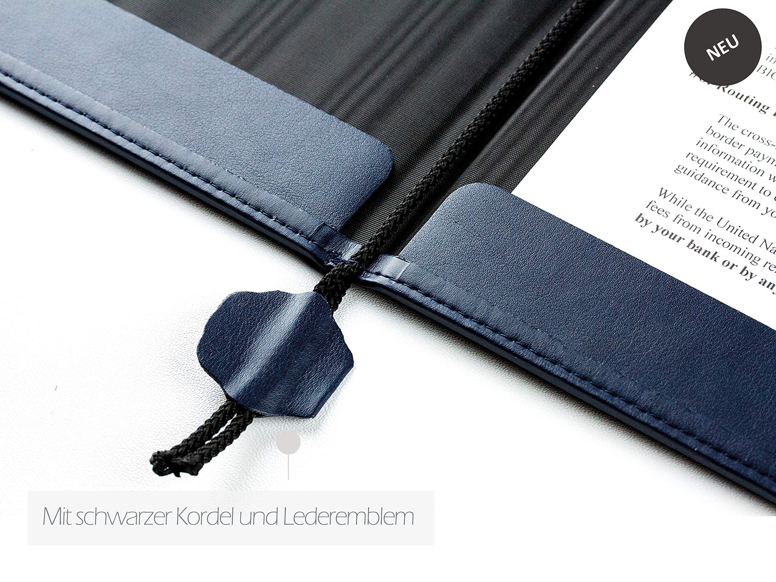 DELMON VARONE - Personalisierbare Urkundenmappe DIN A4 mit Kordel Lederimitat Blau - Vegane Kunstleder Dokumentenmappe mit 2 Einsteckleisten & Moiré Innenfutter für Dokumente, Zeugnisse & Urkunden