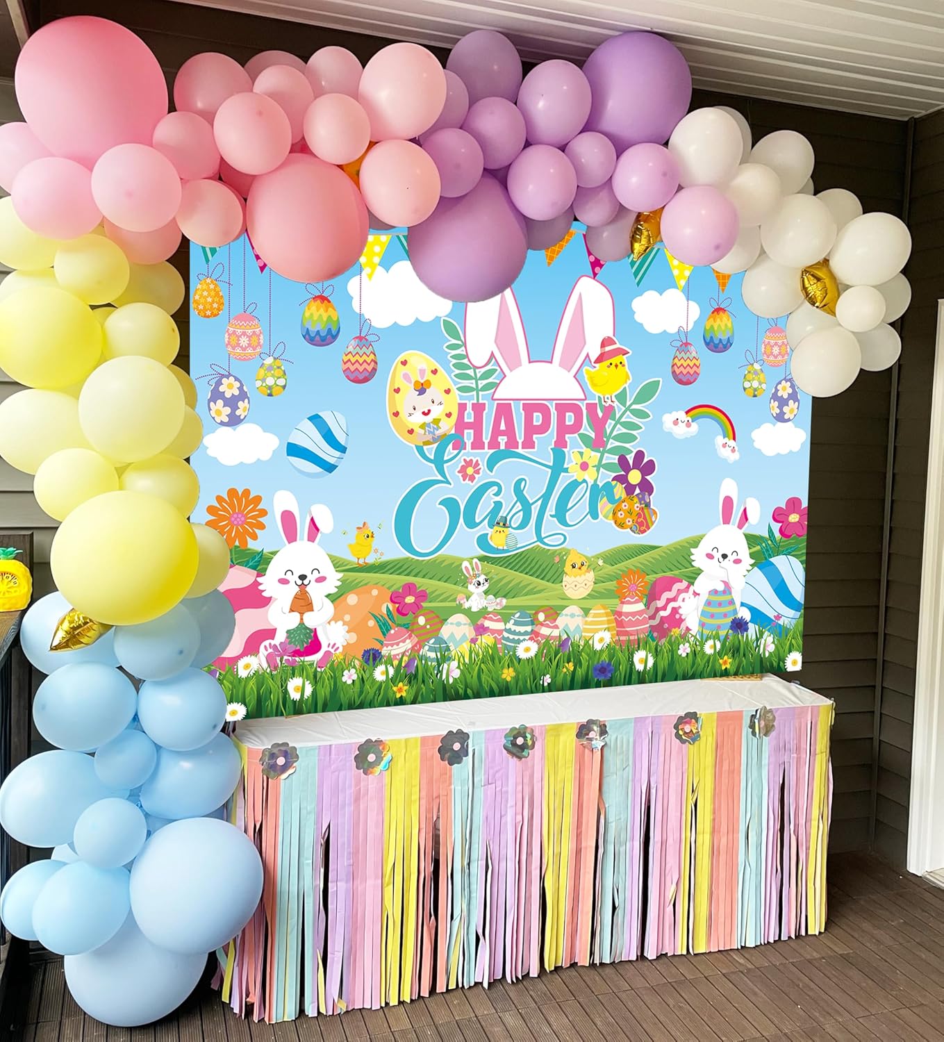 Happy Easter Backdrop Cartoon Colorful Eggs Bunny Rabbit Chick Floral Green Grass Spring Easter Photography Background for Kids Baby Shower Birthday Party Decor Banner Photo Props (6x4FT)