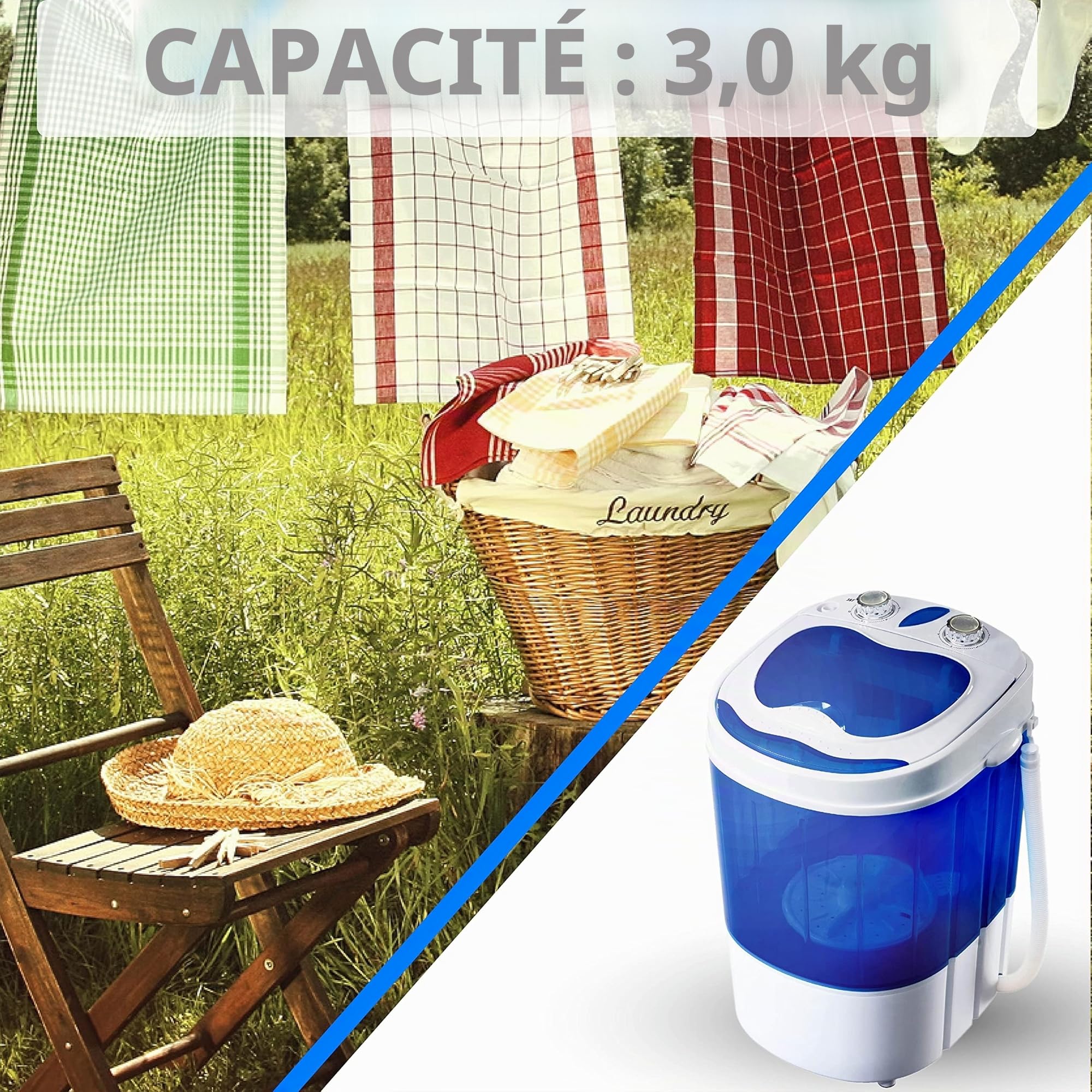 Mini machine à laver avec essoreuse | jusqu'à 3 kg | Machine à laver de voyage | Camping Mobile | Toploader | (1 chambre)