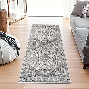 Living Room 2x5 Runner Rug - Boho Rugs for Living Room Stain Resistant Carpet Vintage Tribal Rugs for Bedroom Kitchen Bathroom with Non Slip Backing Home Decor Floor Decoration Mat 2x5 Grey/White