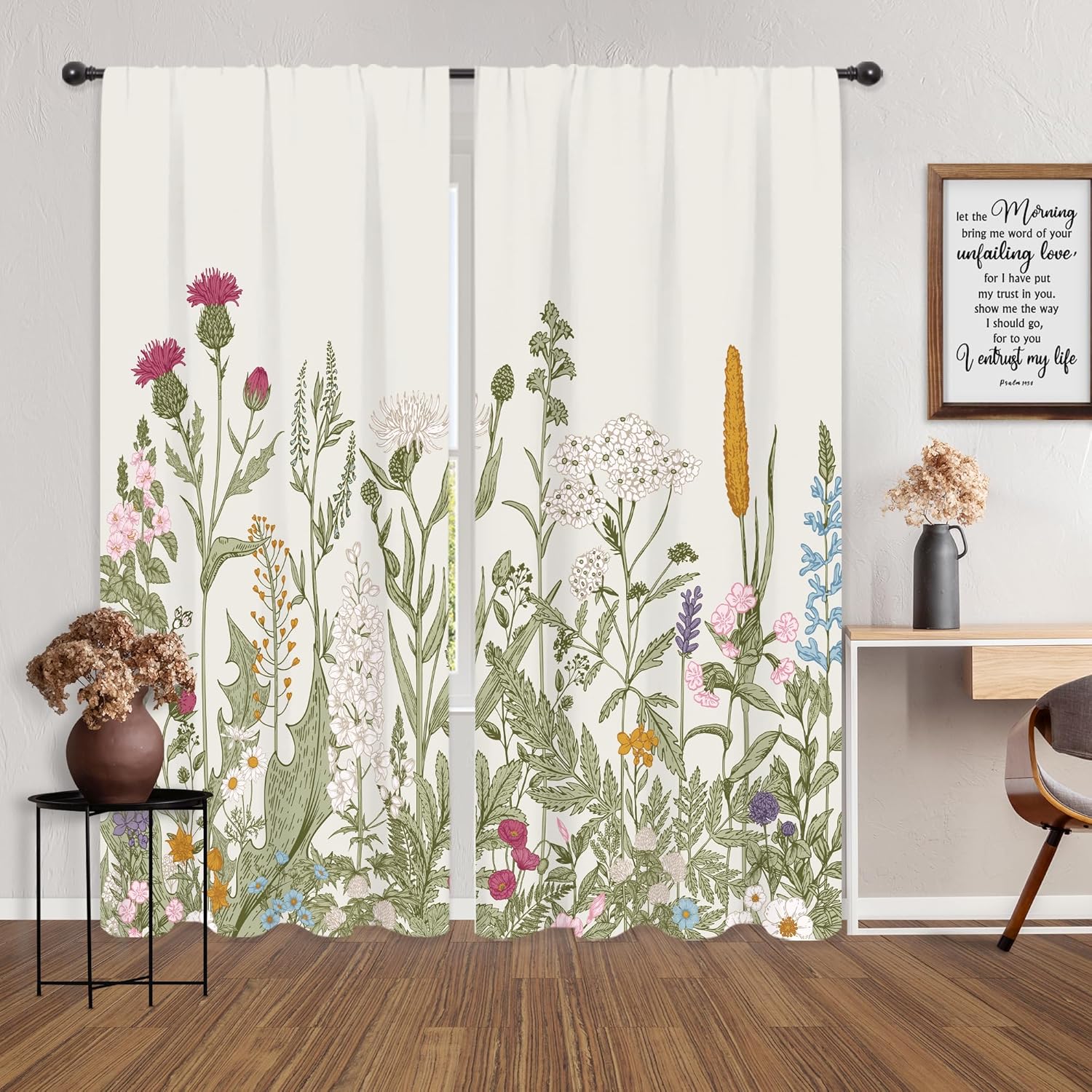 Riyidecor Wildflower Curtains Floral 52 x 84 Inch Green Leaves Botanical Printed Rod Pocket Artwork Wild Flower Plant Ivy Herbs Rustic Living Room Bedroom Window Drapes Treatment Fabric 2 Panels