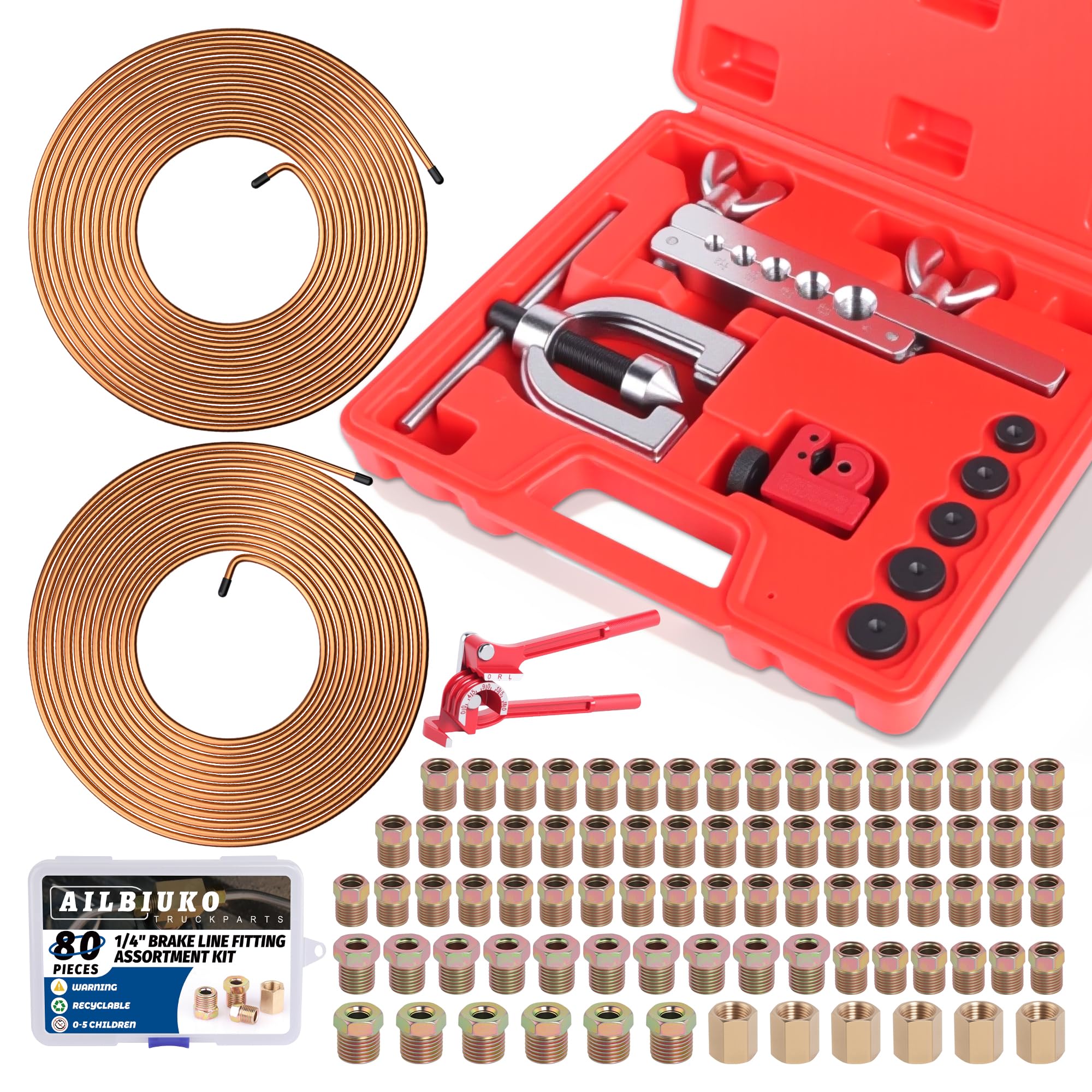 Photo 1 of Ailbiuko 1/4" Brake Line Repair Kit, Double & Single Brake Line Flaring Tool Kit + 2 Set 25ft 1/4 Inch Brake Line with 80 Pcs Fittings(6 Unions Included) + Brake Line Bender
