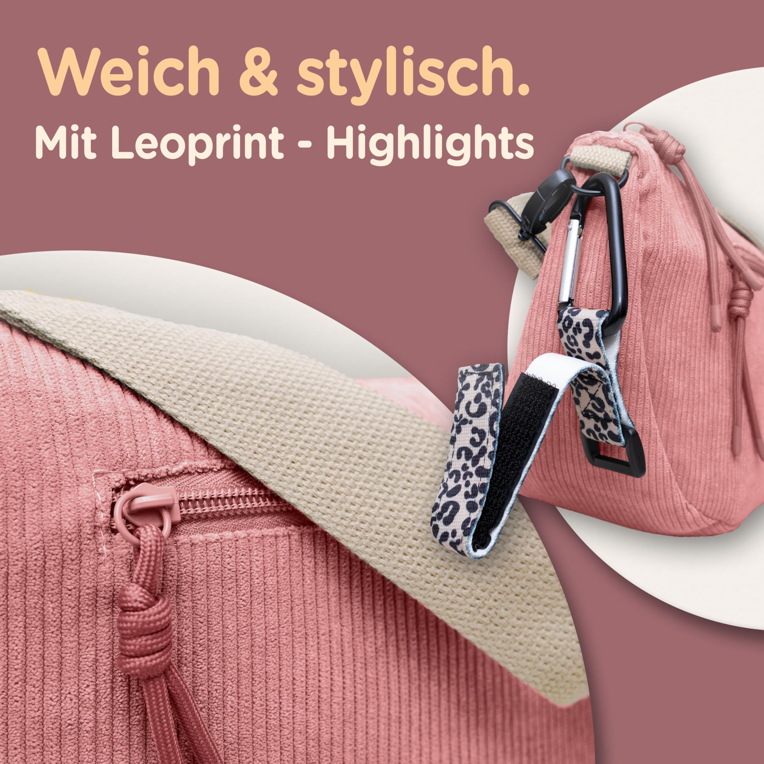 Jubi Moon Bag Sac à langer en velours côtelé rose – Organiseur de poussette avec fixation pour poussette, sac bandoulière pour femme, petit sac à langer avec compartiments et porte-bouteilles, sac à