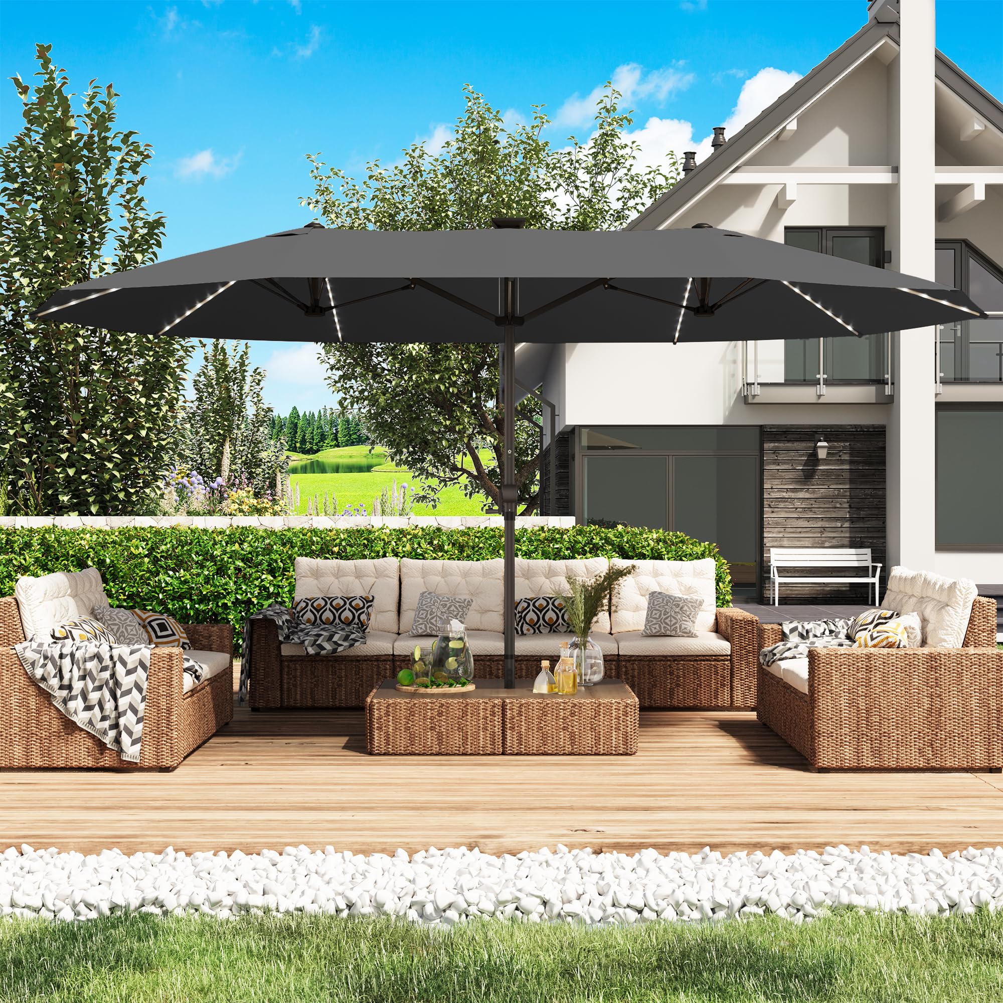 GDPFN 15ft Large Patio Umbrella with Solar Lights, Outdoor Double-Side Rectangular Umbrella, Backyard Pool Umbrella with LED Light for Deck, Outside,