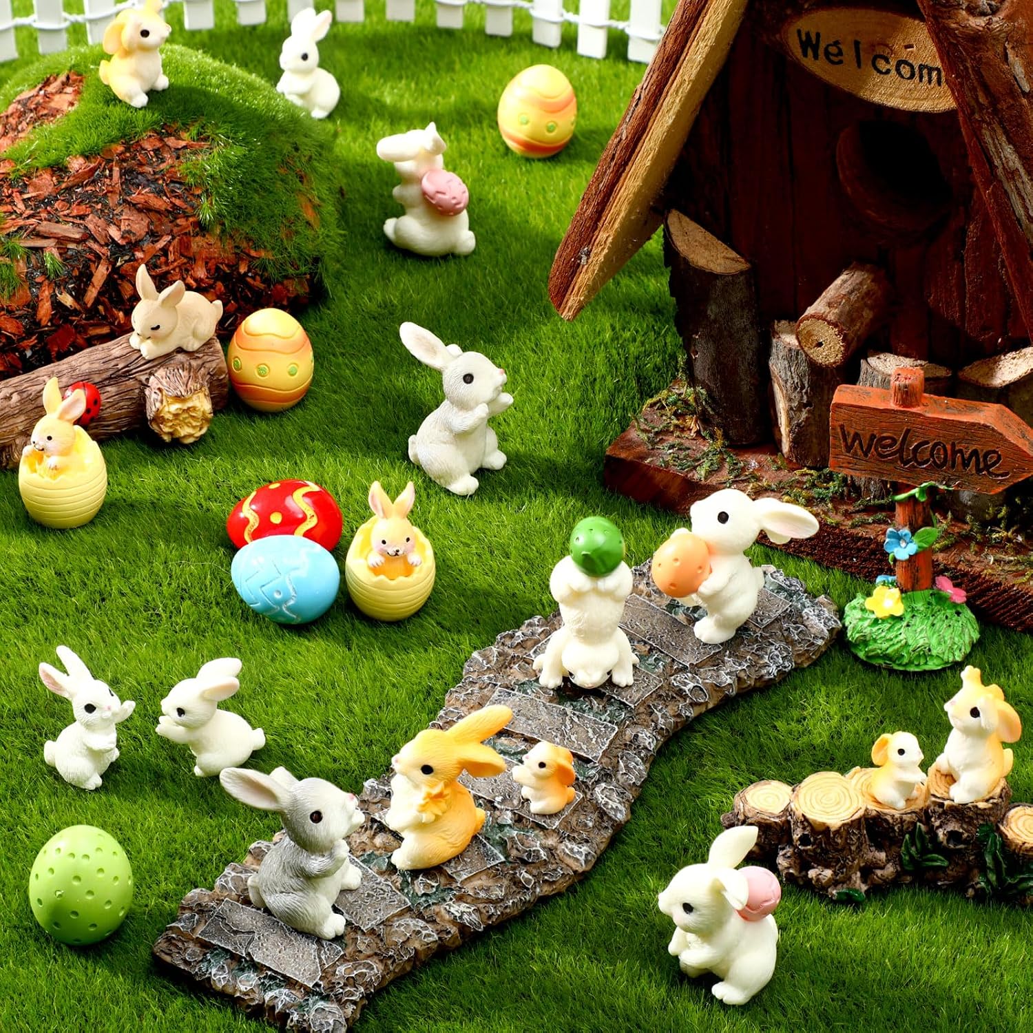 VioraWhite 48 Pcs Easter Mini Bunny Figurines Miniature Rabbits Small Resin Bunnies Tiny Animals to Hide for Easter Egg Garden Miniature Moss Landscape Cake Decoration Home Tiered Tray Tabletop Decor image 5