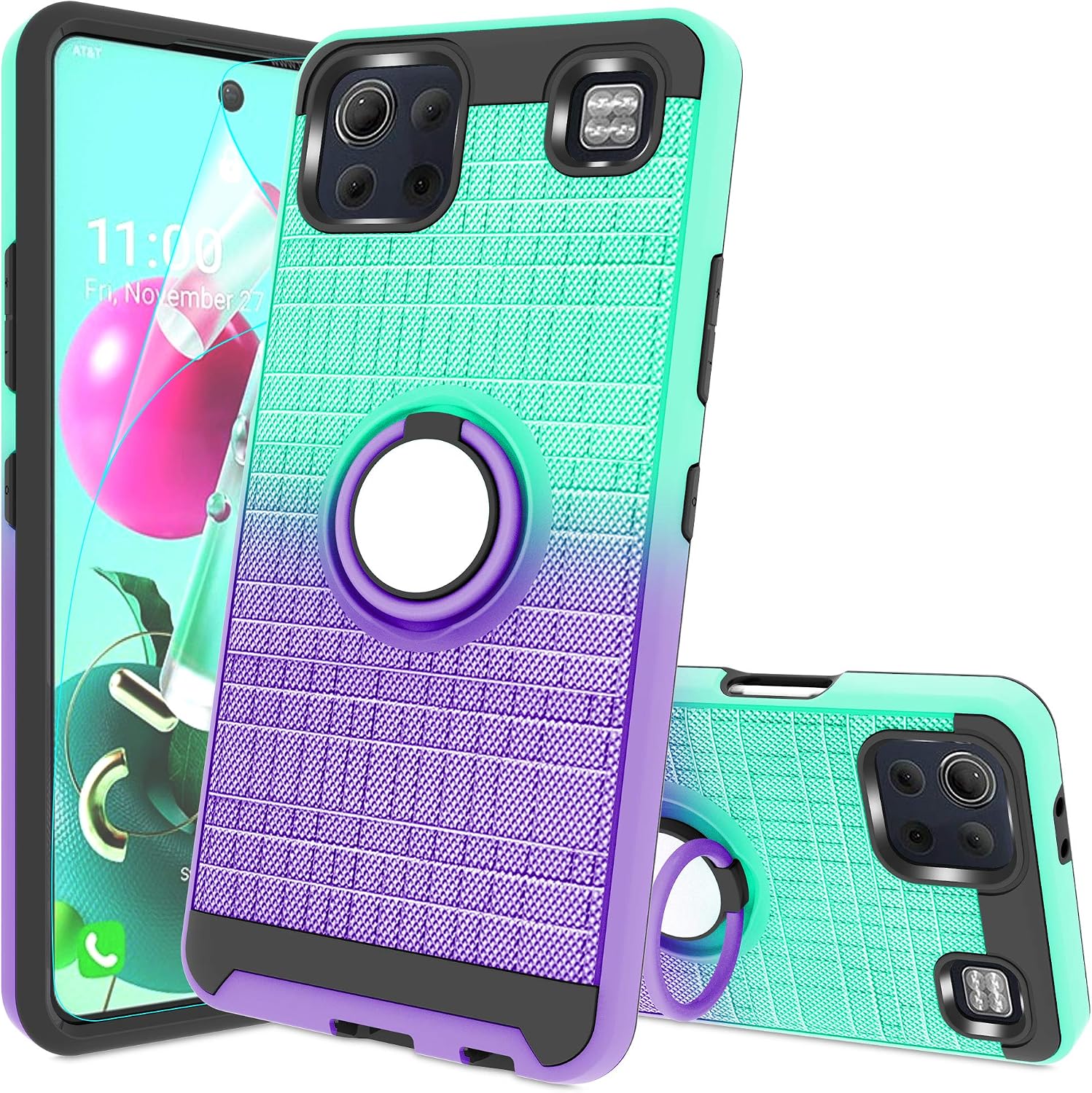 LG K92 5G Phone Case, K92 5G Case with HD Screen Protector, Atump 360 Degree Rotating Ring Holder Kickstand Bracket Cover Phone Case for K92 5G,Mint Purple