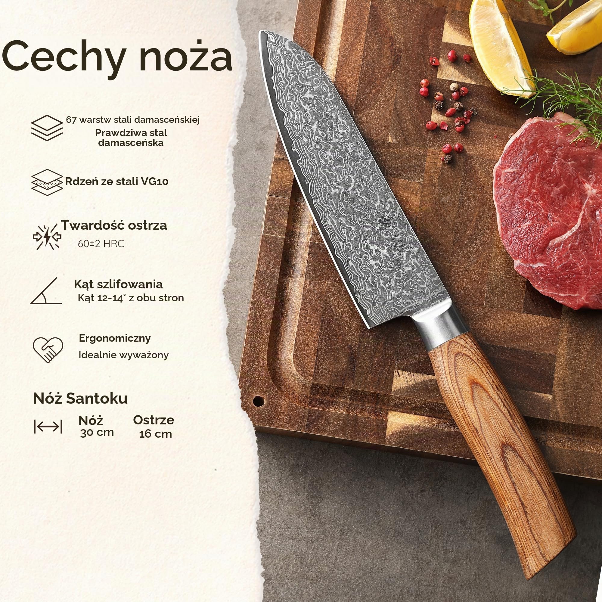 Wakoli Nóż Santoku, nóż szefa kuchni z 67 warstw stali damasceńskiej z rdzeniem VG10, ostre noże kuchenne z uchwytem pakkawood, nóż do mięsa do wszystkich zadań (EDIB Pro)