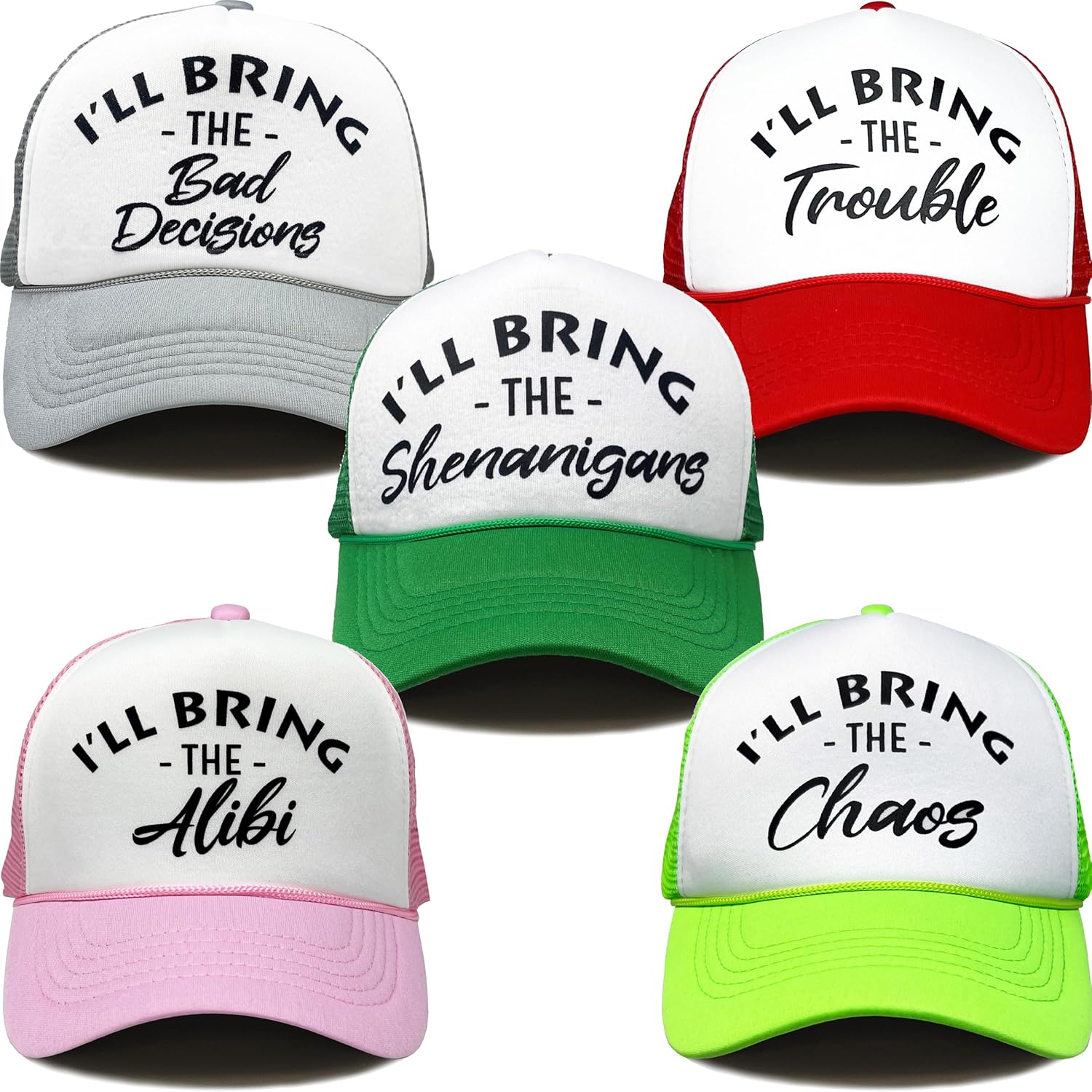 Funky Junque Neon Party Trucker Hats - Funny Foam Mesh Snapback Caps for Bachelorette Parties, Girls Weekend Trips, Birthdays, Festivals & Bride Crew Gifts - 5 Pack - Fun