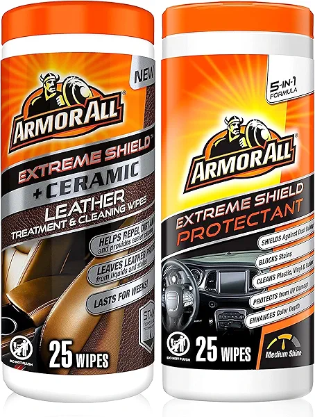 Armor All Ceramic Car Leather Cleaning Wipes, Use on Heated Seats and Leather Surfaces, Includes Ceramic Leather and Extreme Protectant Wipes - 2 Count