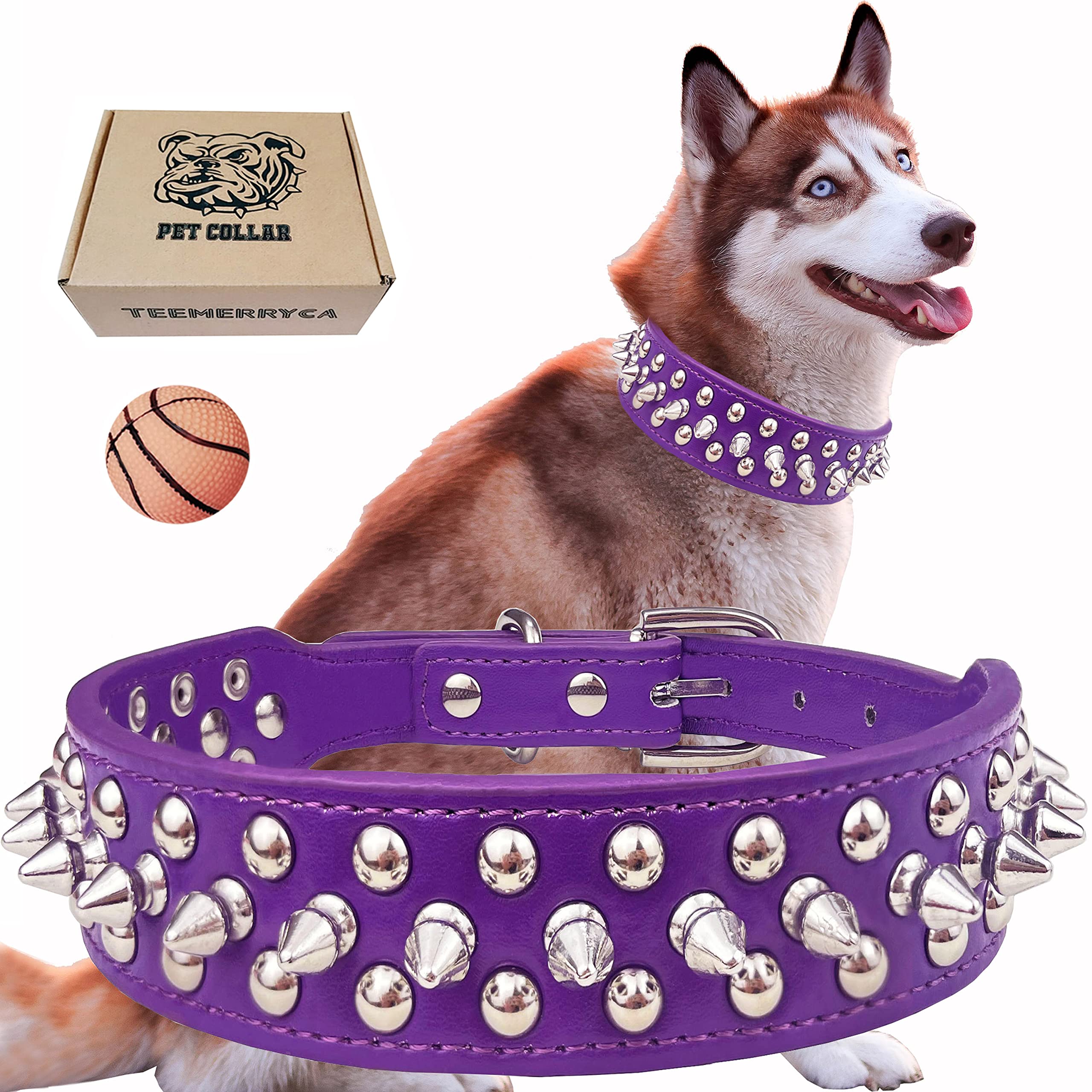 TEEMERRYCA Adjustable PU Leather Spiked Studded Dog Collars with a Squeak Ball Gift for Small Medium Large Pets Like Cats/Pit Bull/Bulldog/Pugs/Husky,