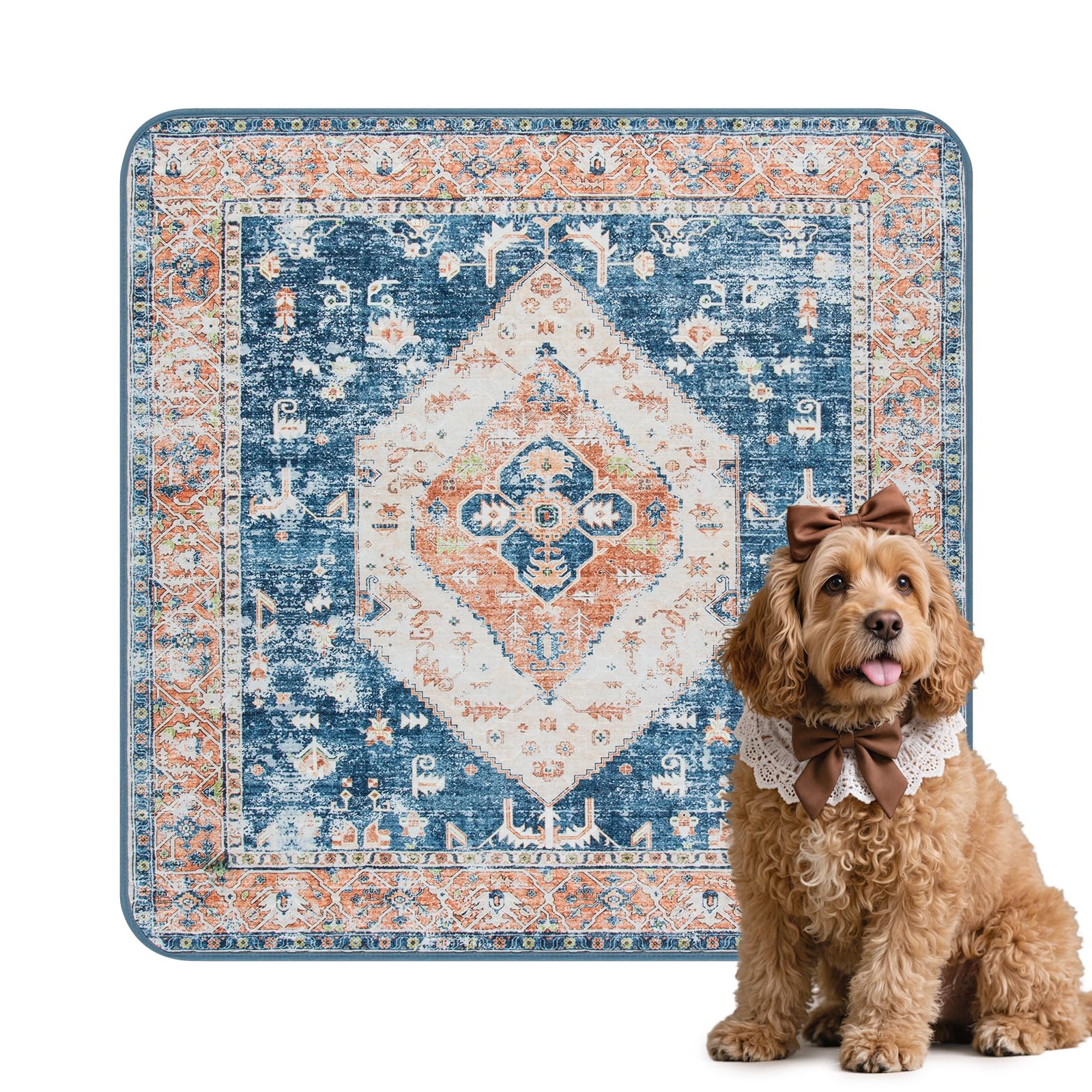 Lahome Extra-Large Washable Dog Pee Pads (72"x72") - Super Absorbent &amp; Waterproof - Leakproof Reusable Mat for Playpens, Beds &amp; Whelping , Convenient Cleanup,Beige Blue