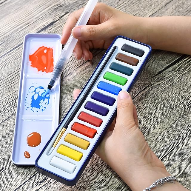 STATIONERY ISLAND Watercolour Paint Set Artist Series Painting Supplies Kit in Portable Travel Tin with Paintbrush and Mixing Palette, 12 Full Pan Sketchers' Pocket Box for Professional and Beginners