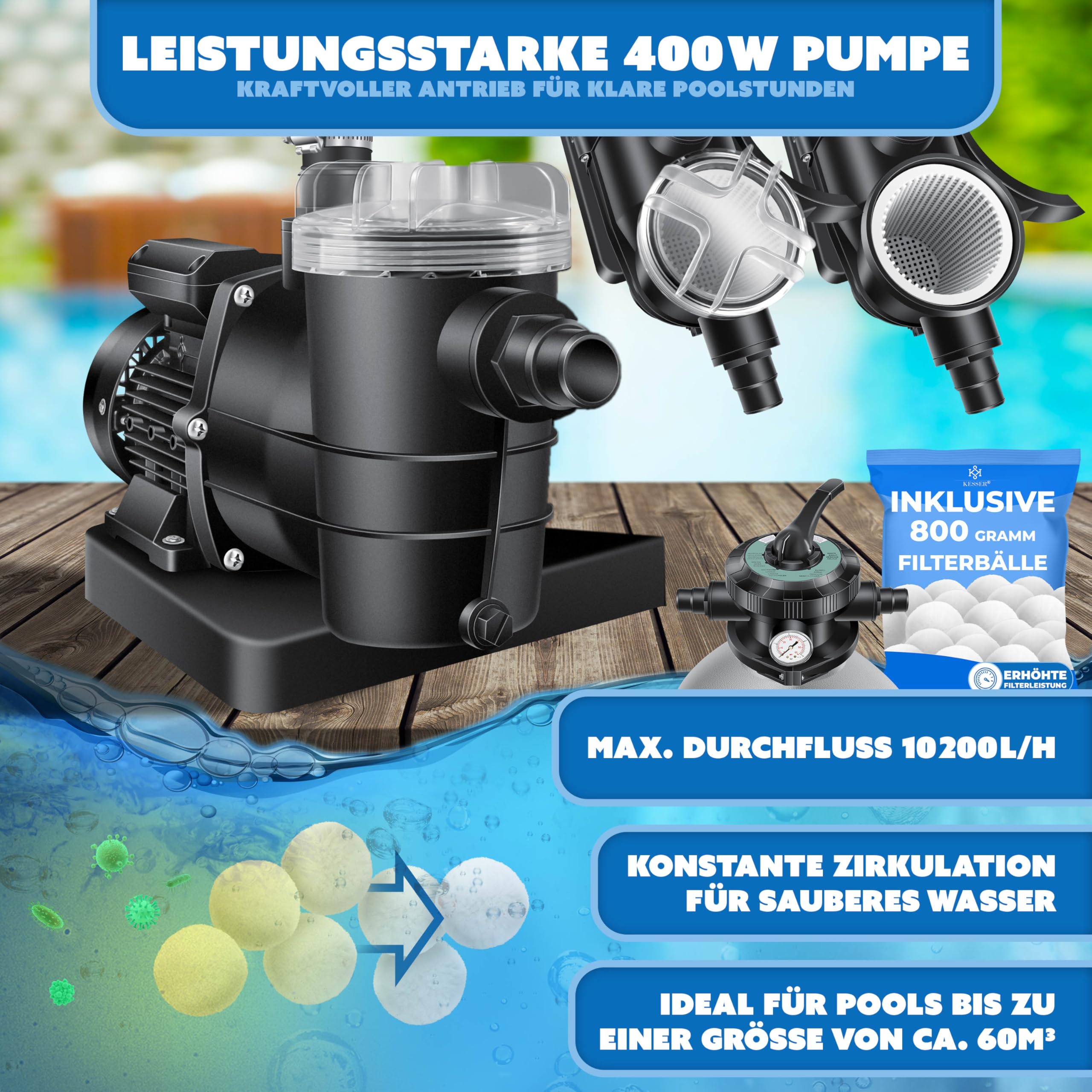 KESSER Sistema de filtro de arena + 700 g de bolas filtrantes reemplazan 25 kg Filtro de arena válvula de 7 vías con indicador de presión, filtro de piscina, 10 mġ/h tanque de filtro (gris)