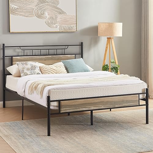 VECELO Base de cama de plataforma de metal de tamaño matrimonial con cabecera de madera base de colchón soporte de listones de acero premium no