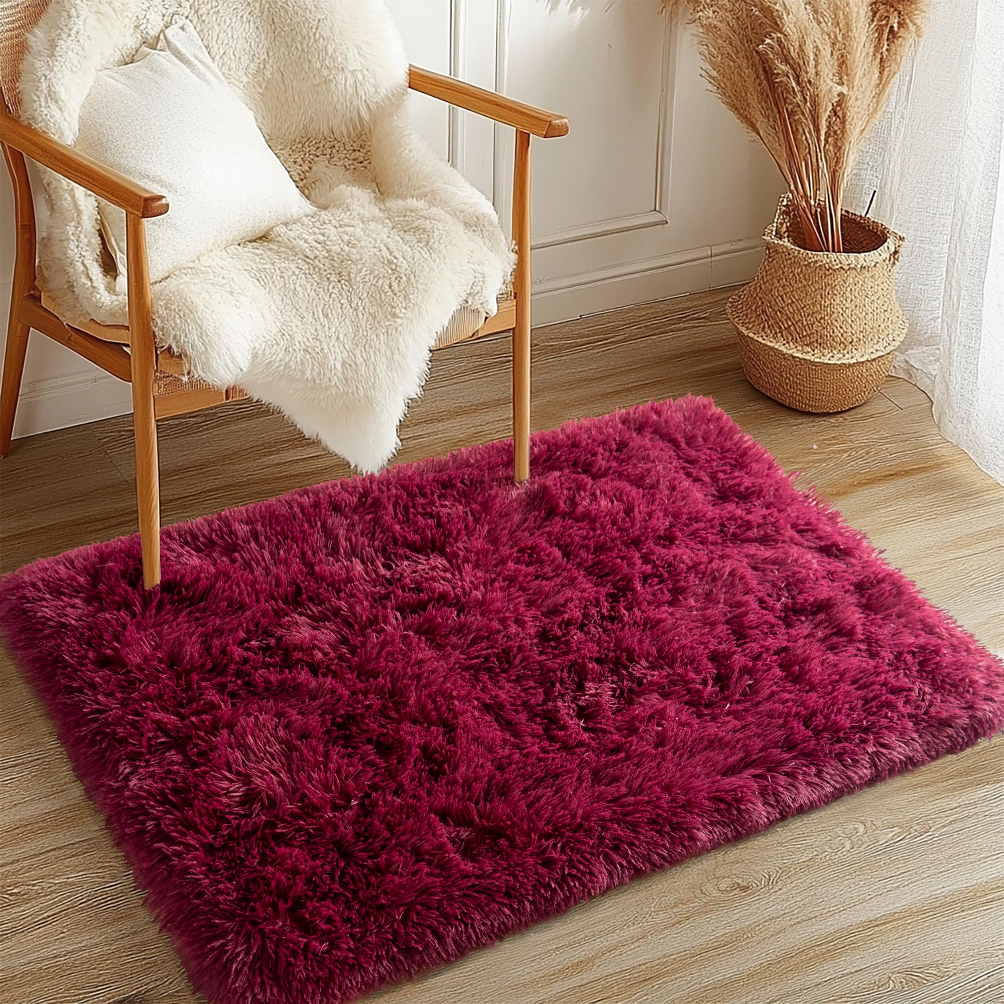 Tapis moelleux pour chambre de haute qualité avec fibres denses bordeaux de 3,6 cm d'épaisseur