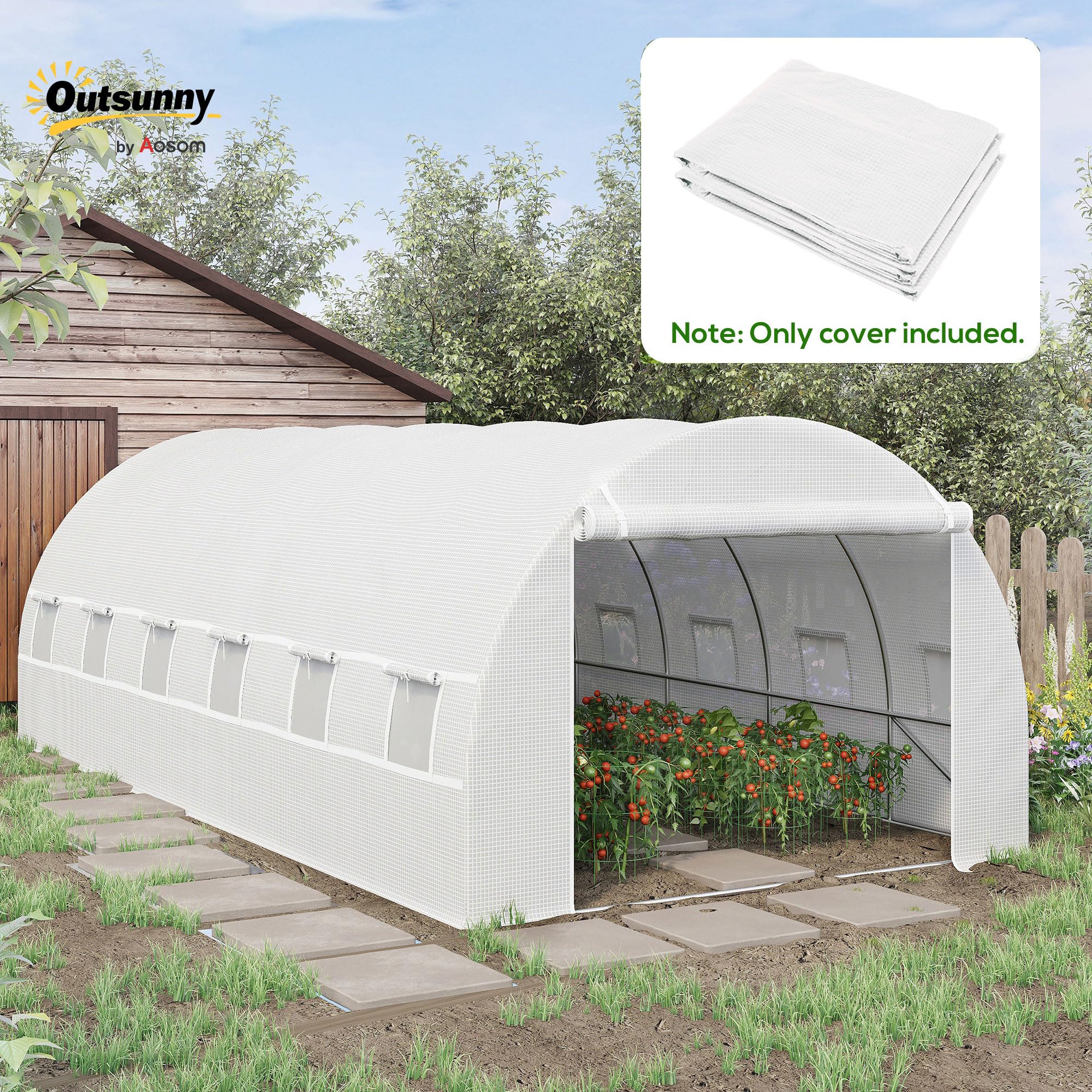 Outsunny - Lona de Repuesto para Invernadero, túnel de 18 m², Lona 6 x 3 x 2 m, PE Anti UV, Impermeable, 12 Ventanas + Puerta Enrollable con Cremallera, Color Blanco