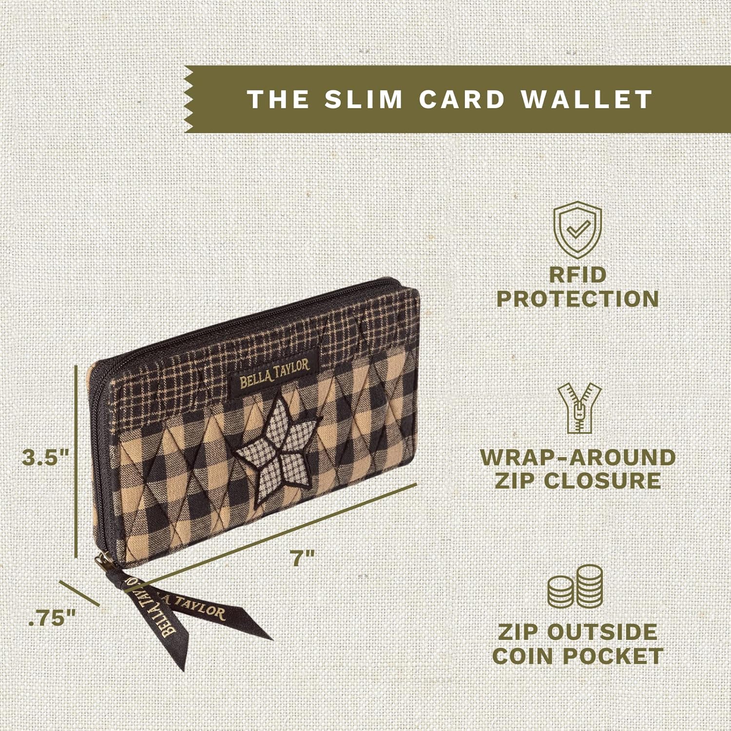Bella Taylor Slim Card Wallet for Women | Quilted Cotton Fabric Zip Around Credit Card Wallet with RFID Protection | Farmhouse Star - Image 3