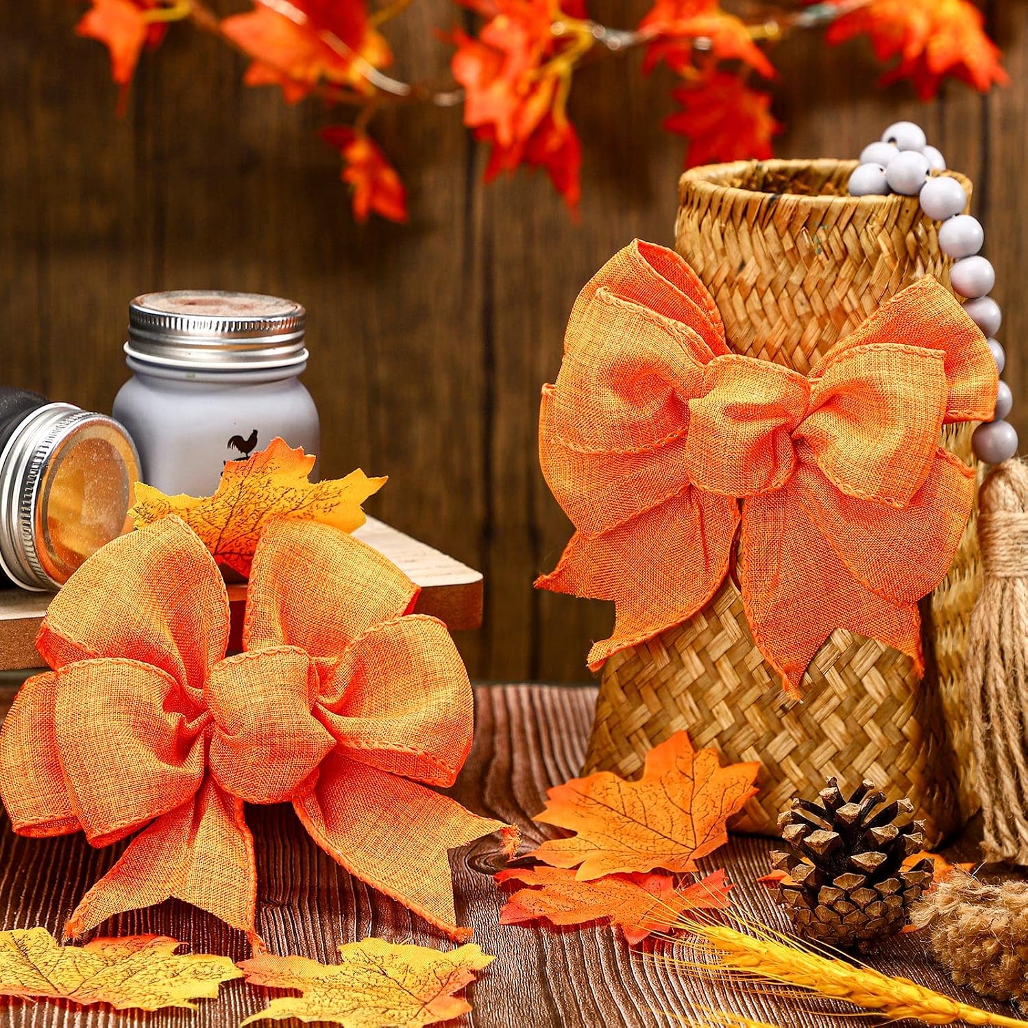 Syhood 4 Pcs Fall Wreath Bows, Orange Burlap Bows for Wreaths, Front Door, Tree Topper and Garland, Rustic Thanksgiving Christmas Tree Decorations for Party, Wedding Birthday DIY Crafts