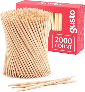 GUSTO Wooden Bamboo Toothpicks [2000 Count] Round Double-Pointed | Food-Grade, Splinter-Free Wood Tooth Picks, 2.5" Long, Appetizers, Garnishes, Crafts & Baking