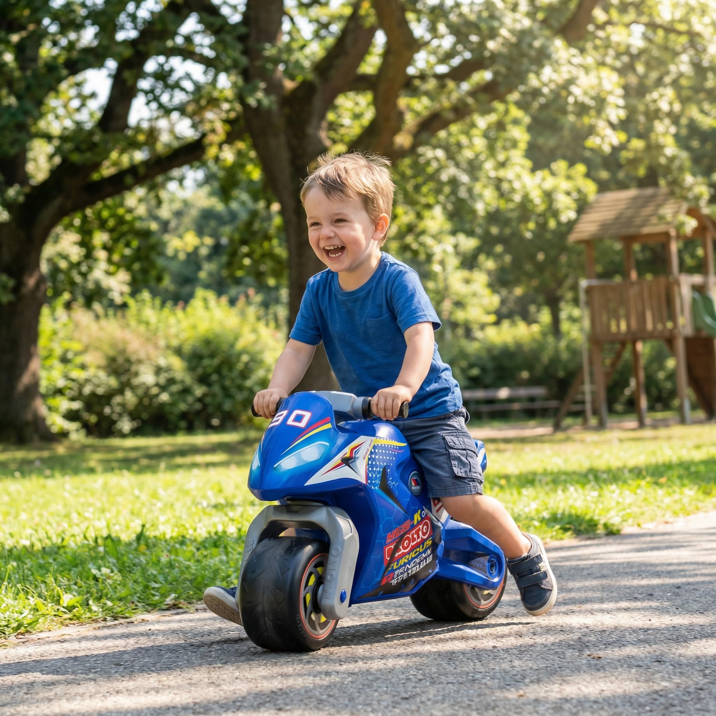 MOLTO - Moto Correpasillos Azul de Carreras Infantil, Diseño de Carreras para Niños y Niñas, Ligera, Estable y Cómoda, Juguete Seguro para Interior y Exterior, + 18 Meses