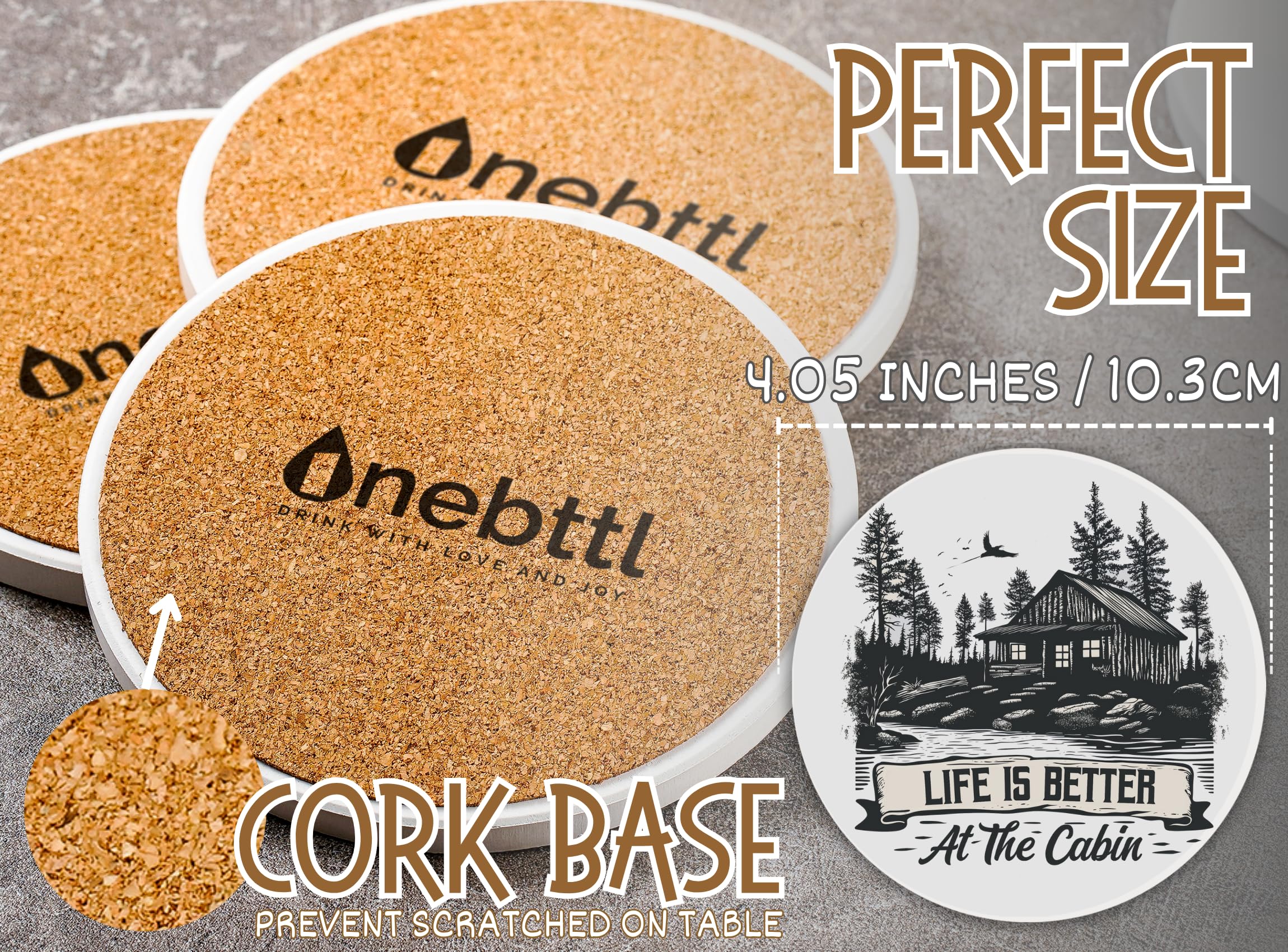 Onebttl Cabin Gifts - Cabin Theme Coaster Set of 6, Bar Coasters with Sayings
