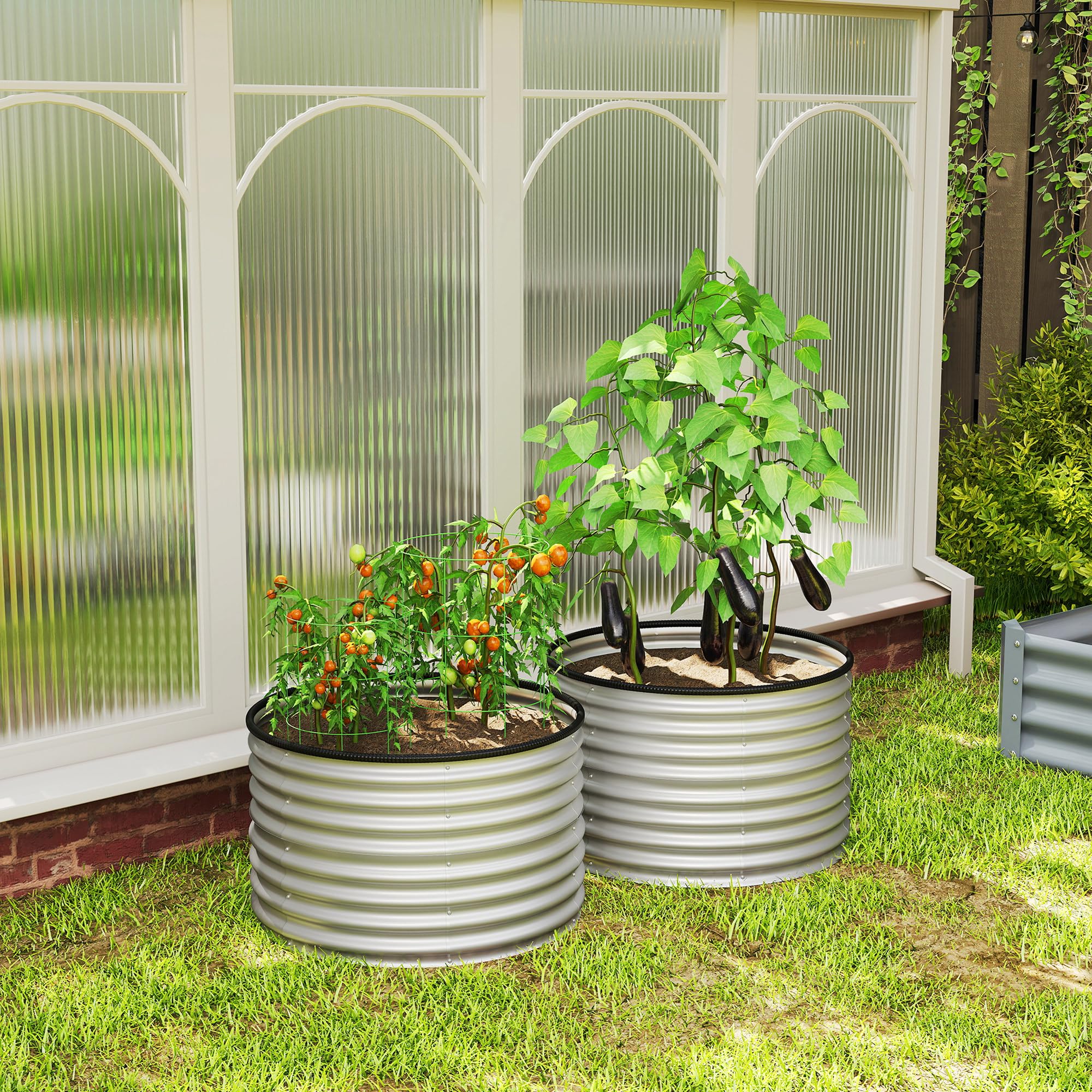 Outsunny Jardinières Surélevées, Jardinière Ronde Surélevée, Lot de 2 | Kit Rond, Fonds Ouverts, Joints en Caoutchouc Protecteurs, Acier Argent Galvanisé