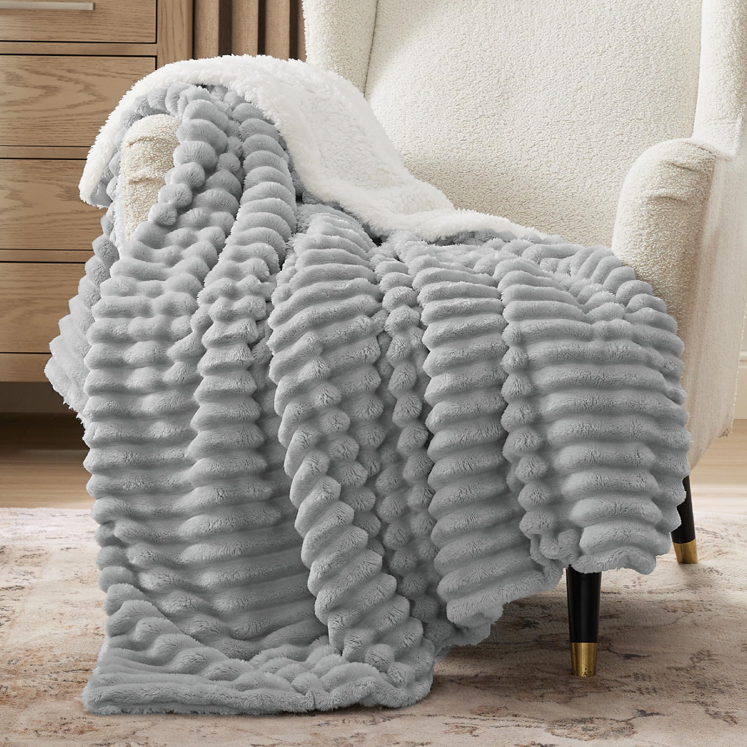 Bedsure Sherpa Throw Blanket for Couch - Super Soft, Cozy Fleece Thick Warm Blanket for Winter, GentleSoft Plush & Fluffy Throw Gift for Women, Room Decor, Grey, 50x60 Inches