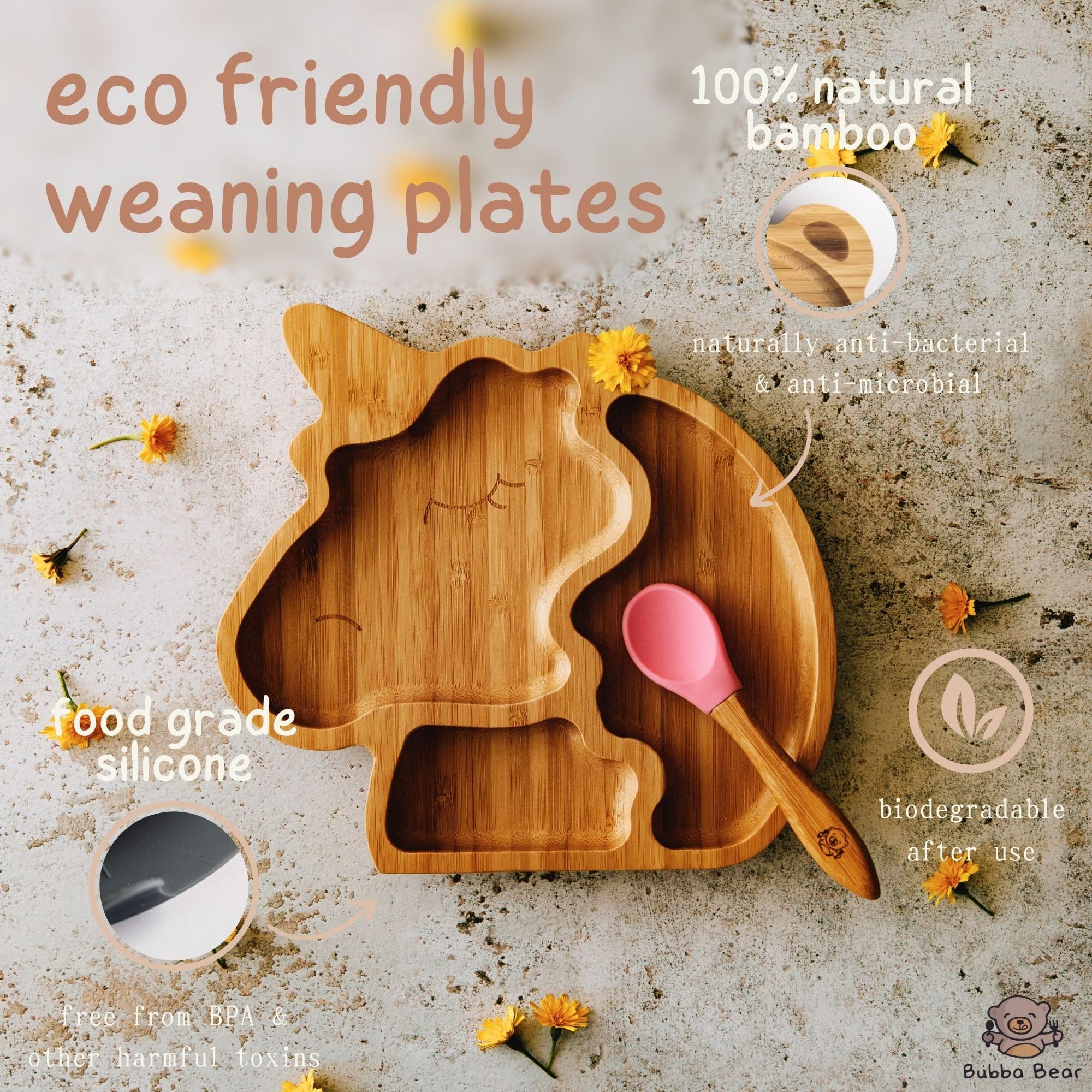 Bubba Bear Set di piatti con ventosa, realizzati in bambù naturale, piastre con ventose per lo svezzamento dei neonati e l'alimentazione dei bambini (unicorno)