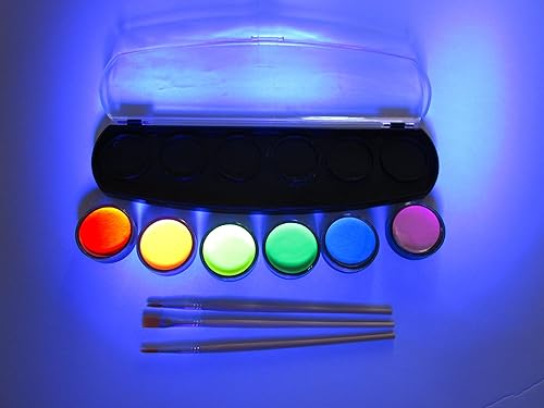 Pintura neón para rostro y cuerpo (estilo de maquillaje), juego de pintura ultravioleta fluorescente con luz negra, 6 colores muy brillantes con 3