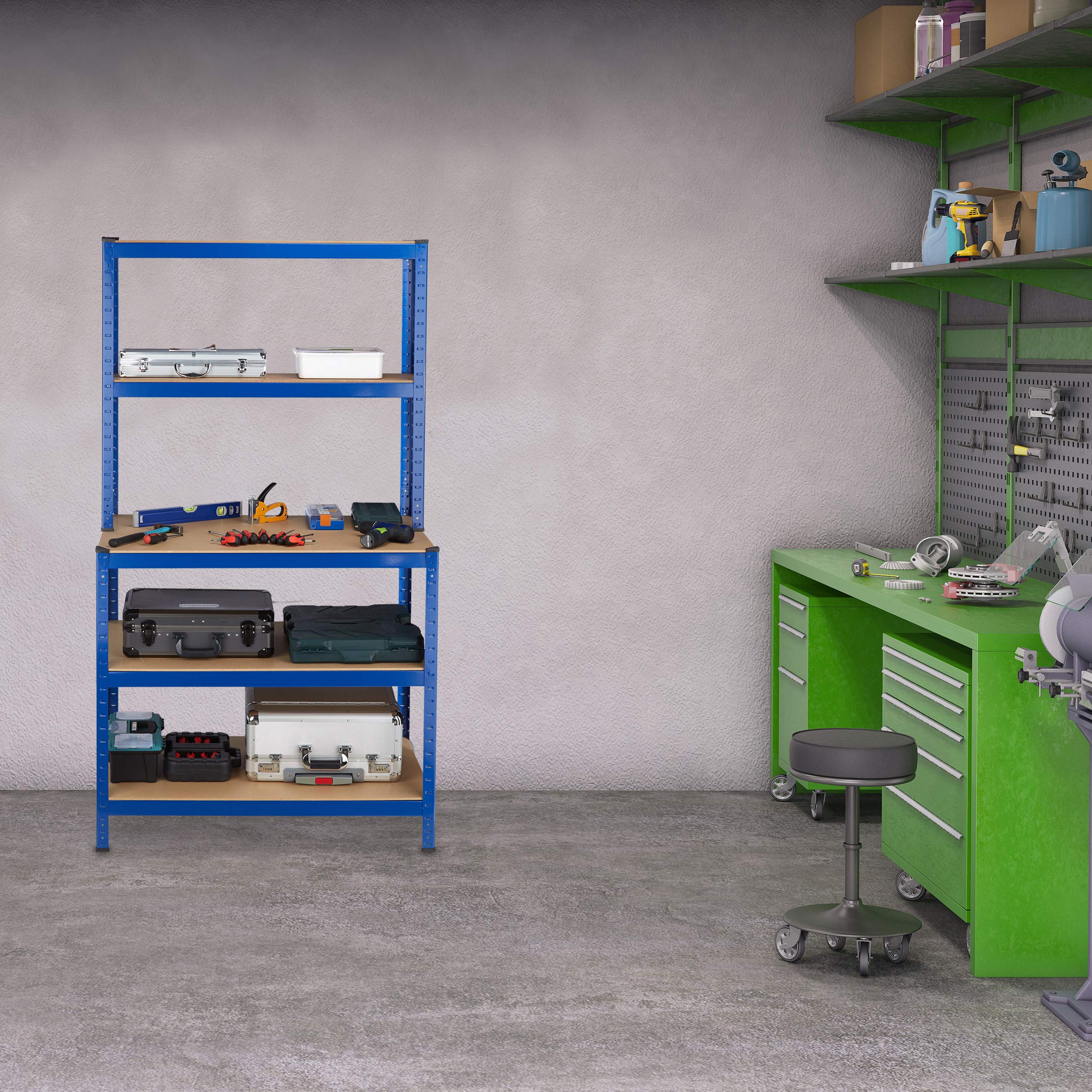 Relaxdays Scaffale in Metallo, Banco da Lavoro, Capacità fino a 900 kg, 5 Ripiani, Incastro 180x100x60, Acciaio,MDF, blu