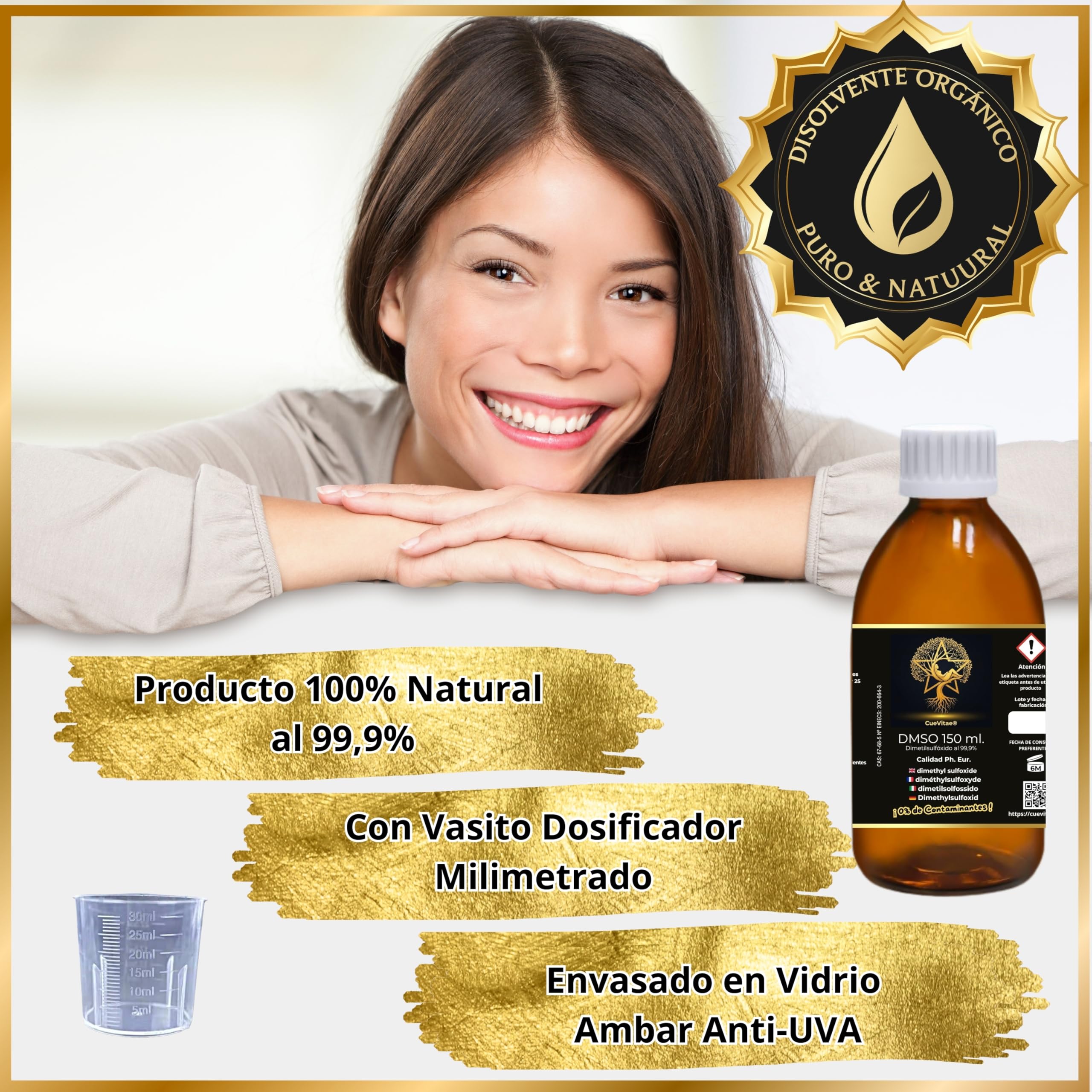DMSO 99,9 % pur diméthylsulfoxyde 2 x 150 ml CueVitae® Bouteille en verre ambré avec compte-gouttes et verre doseur | solvant organique de haute pureté | sans additifs