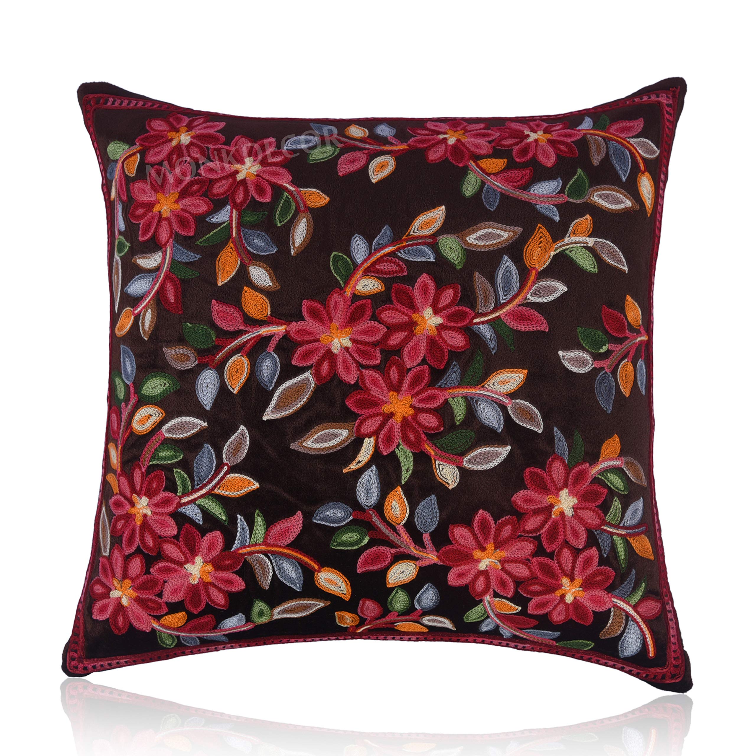 MONKDECOR Kashmiri Kadai Velvet Cushion Cover (16x16 Inches)- Set of 1 Piece (Brown)-picture-10
