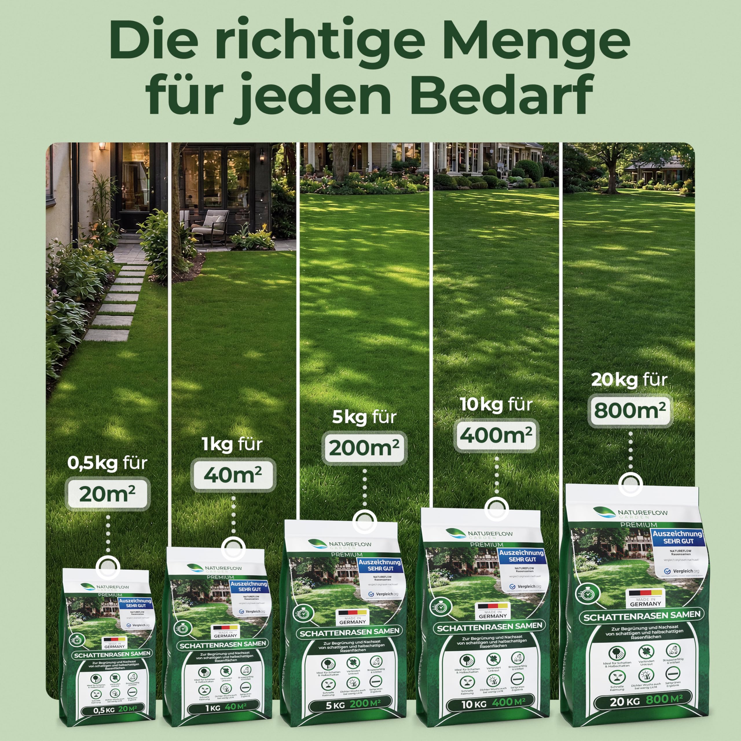Schattenrasen Rasensamen 1 kg – Rasen für schattige Flächen & wenig Sonne – robuste Grasmischung für dichten Schattenrasen – ideal für Nachsaat & Neuanlage – für bis zu ca. 40 m² Rasenfläche