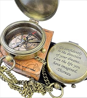 MAH Go Confidently Brass Compass Engraved with Stamped Leather Case, Direction Pocket Compass. C-3270